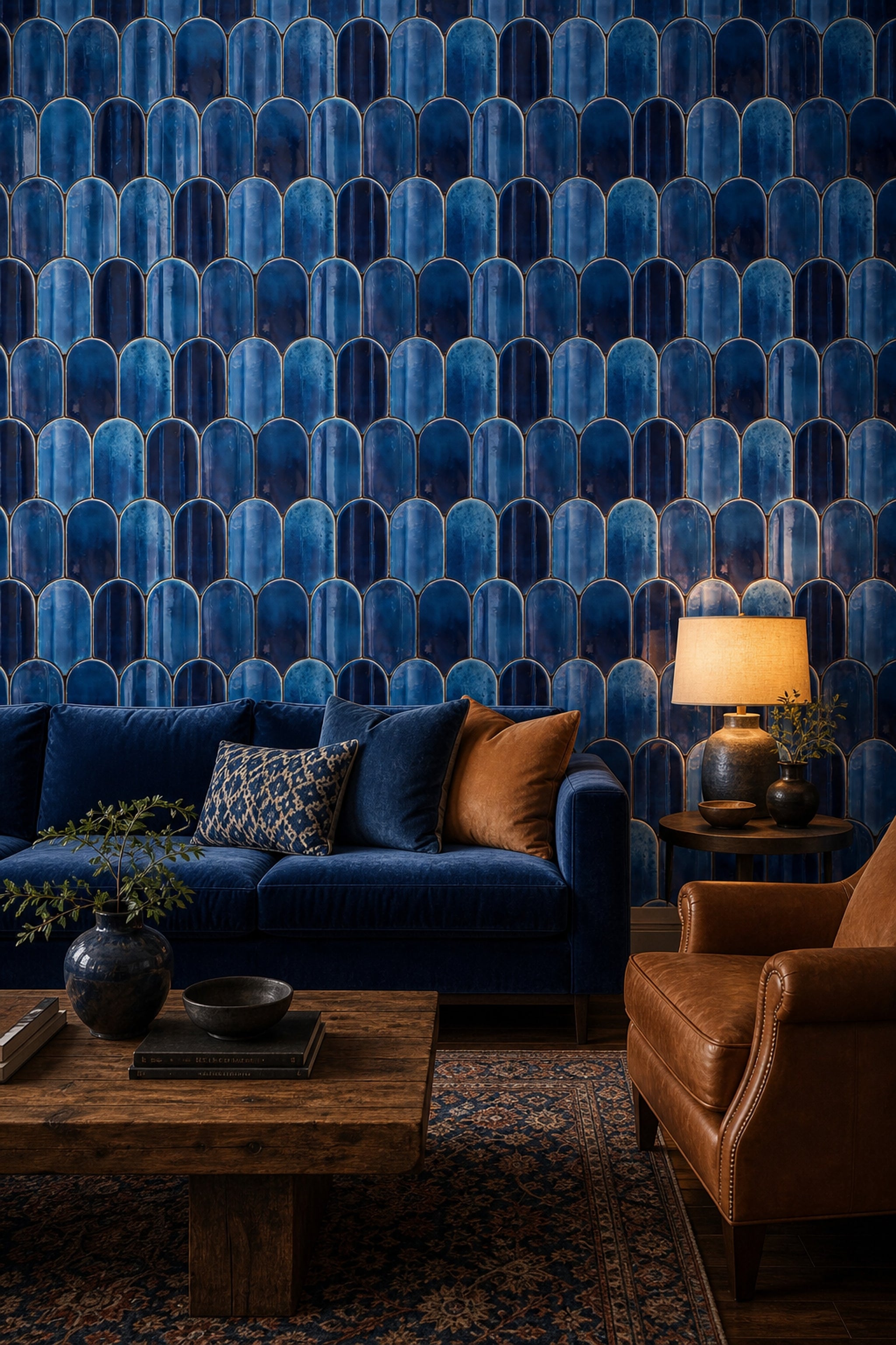 Mavi Seramik Karo Desenli Duvar Kağıdı Modern Salon