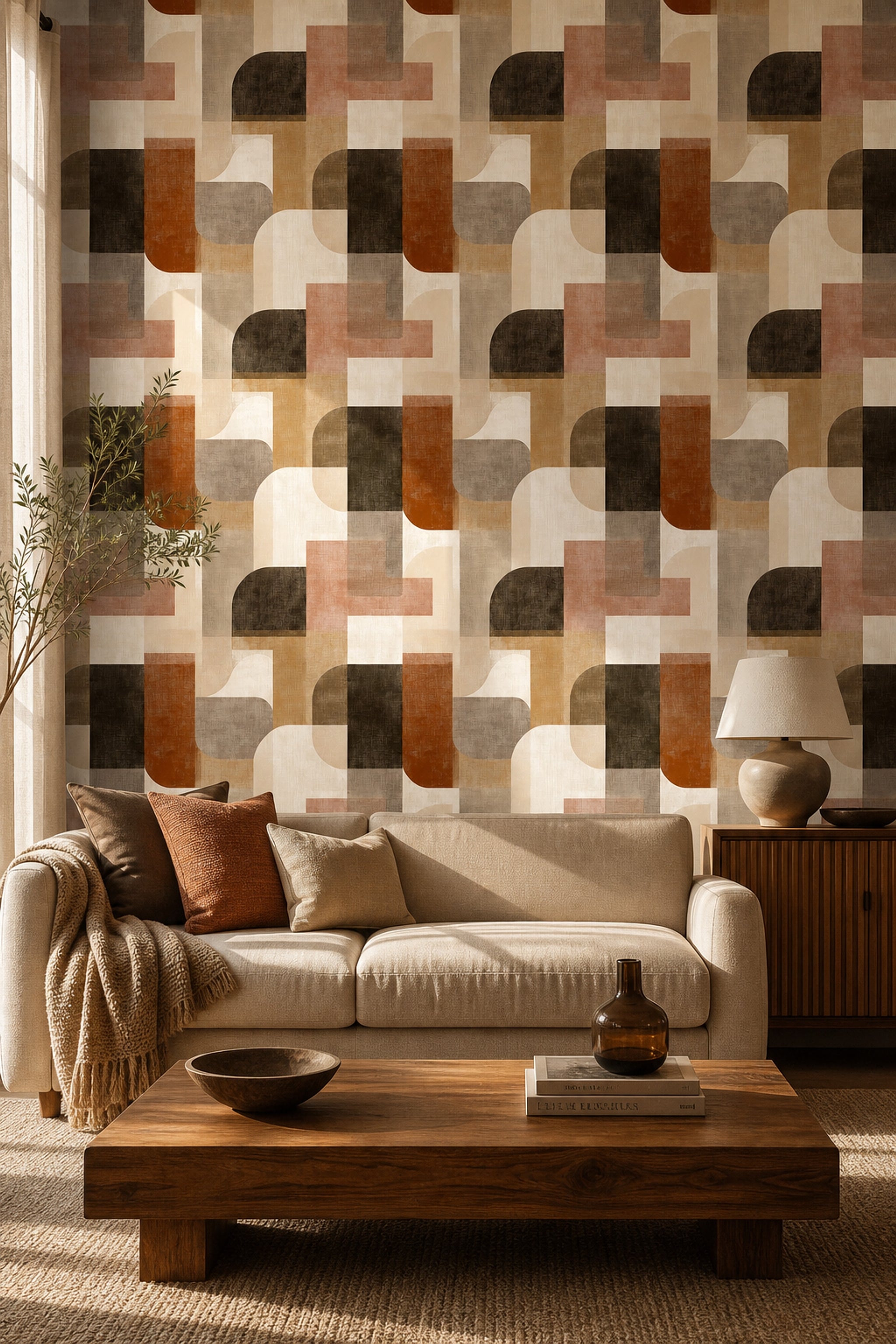 Retro Geometrik Duvar Kağıdı Bej Kahve Desenli Salon
