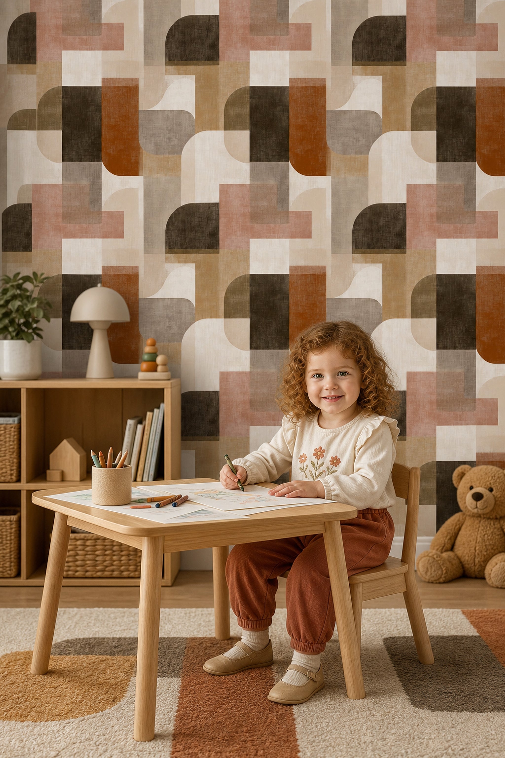Retro Geometrik Duvar Kağıdı Bej Kahve Desenli Salon