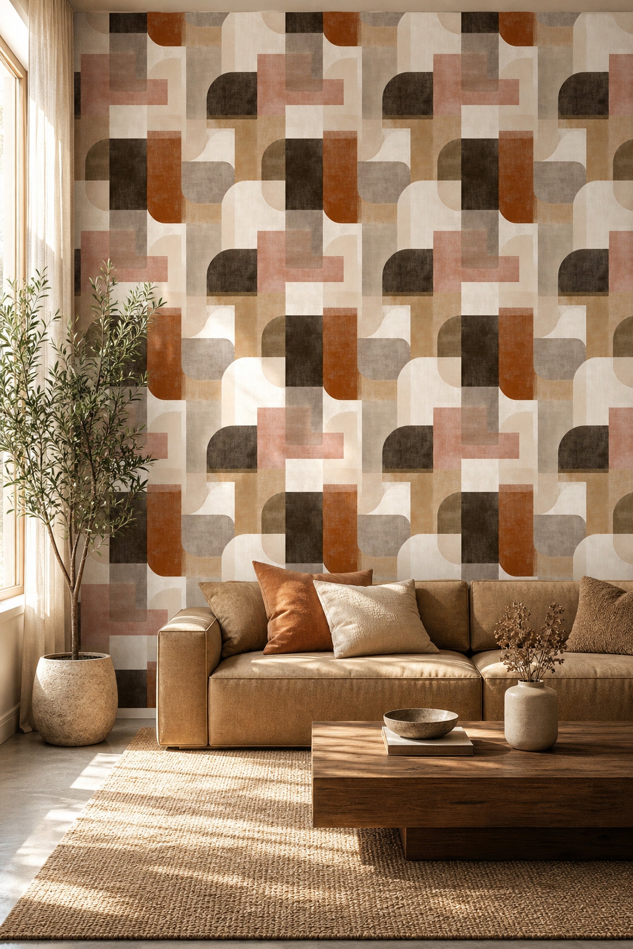 Retro Geometrik Duvar Kağıdı Bej Kahve Desenli Salon