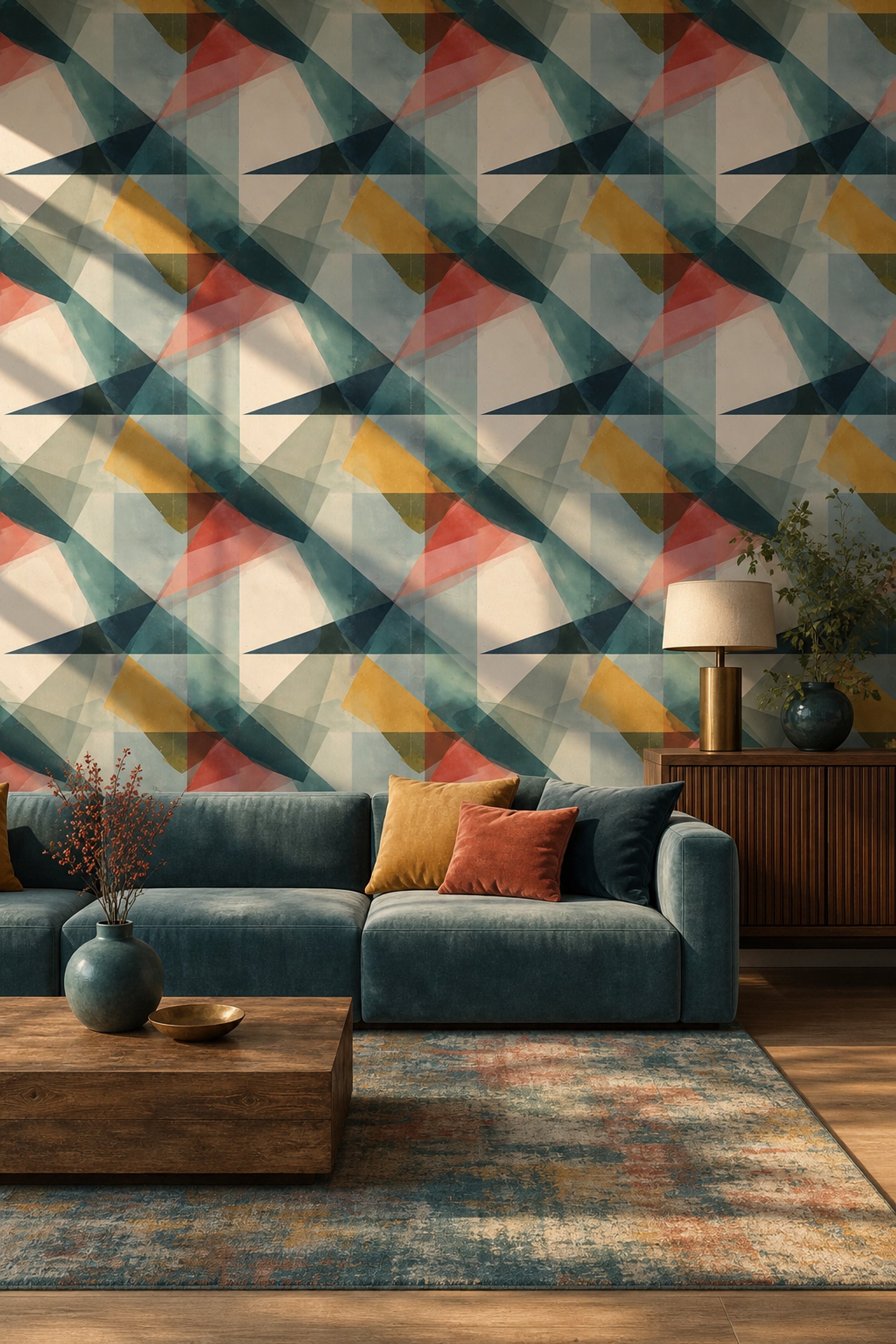 Soyut Geometrik Duvar Kağıdı Turkuaz Hardal Desenli Salon