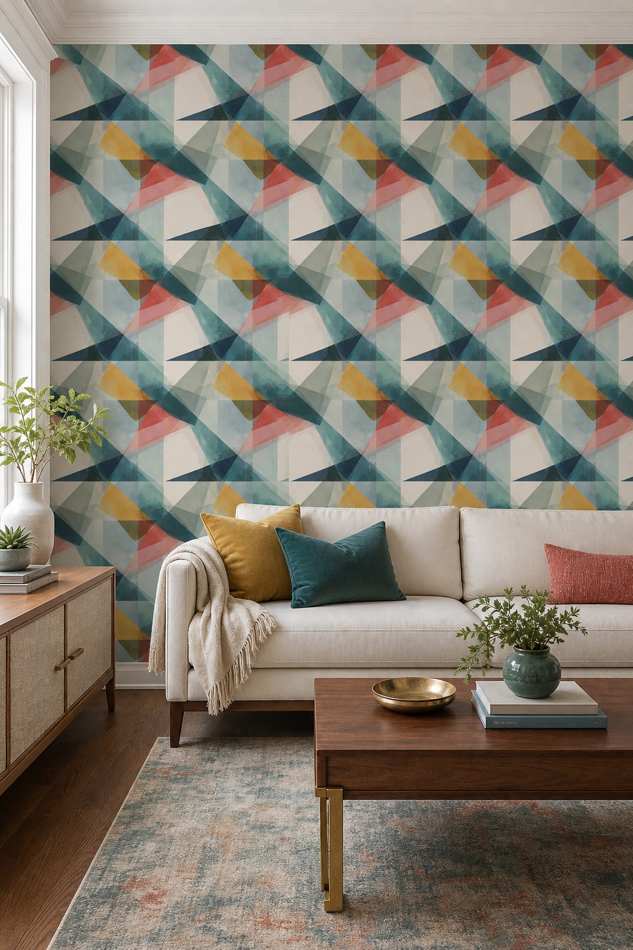 Soyut Geometrik Duvar Kağıdı Turkuaz Hardal Desenli Salon