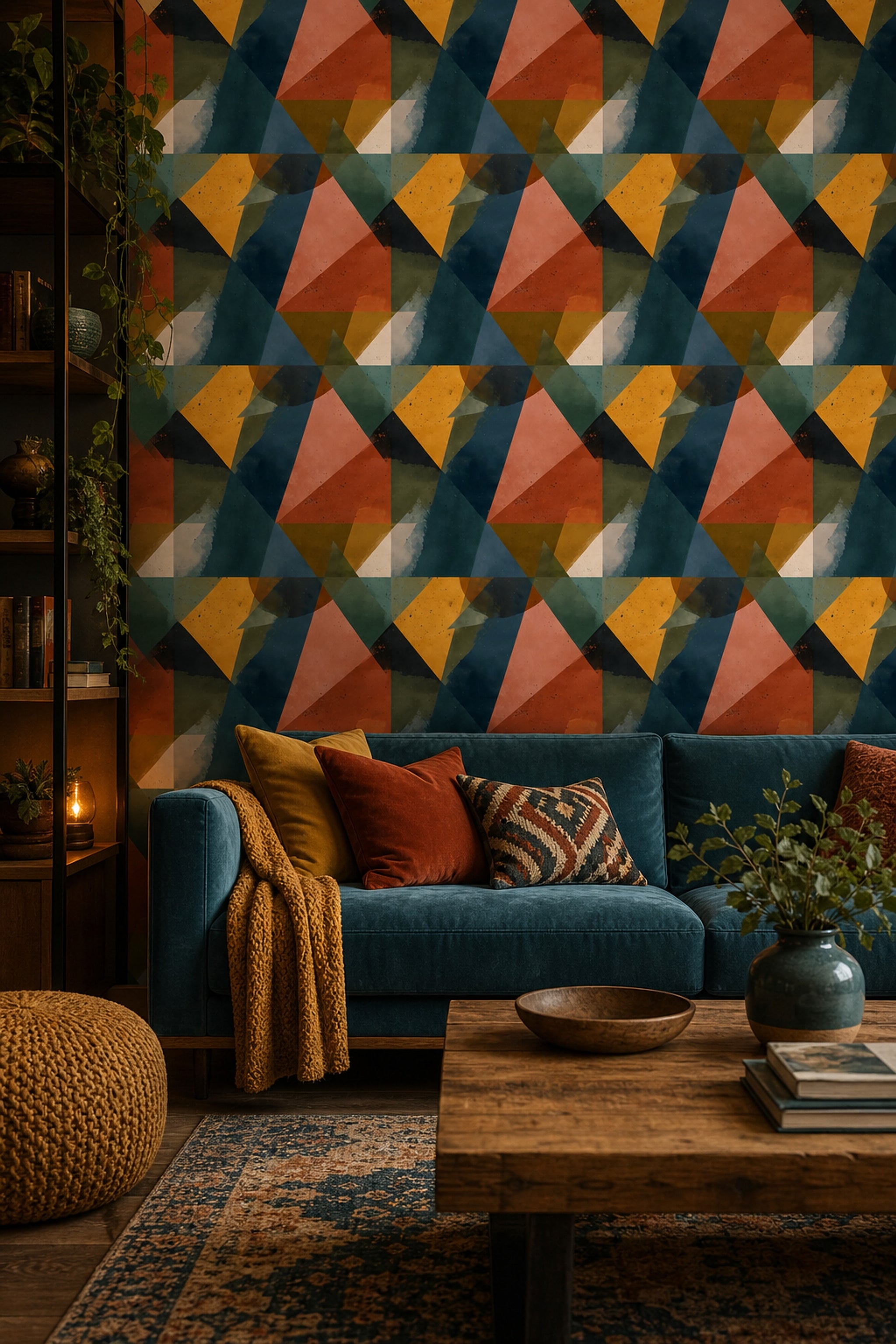 Renkli Üçgen Geometrik Duvar Kağıdı Lacivert Sarı Salon