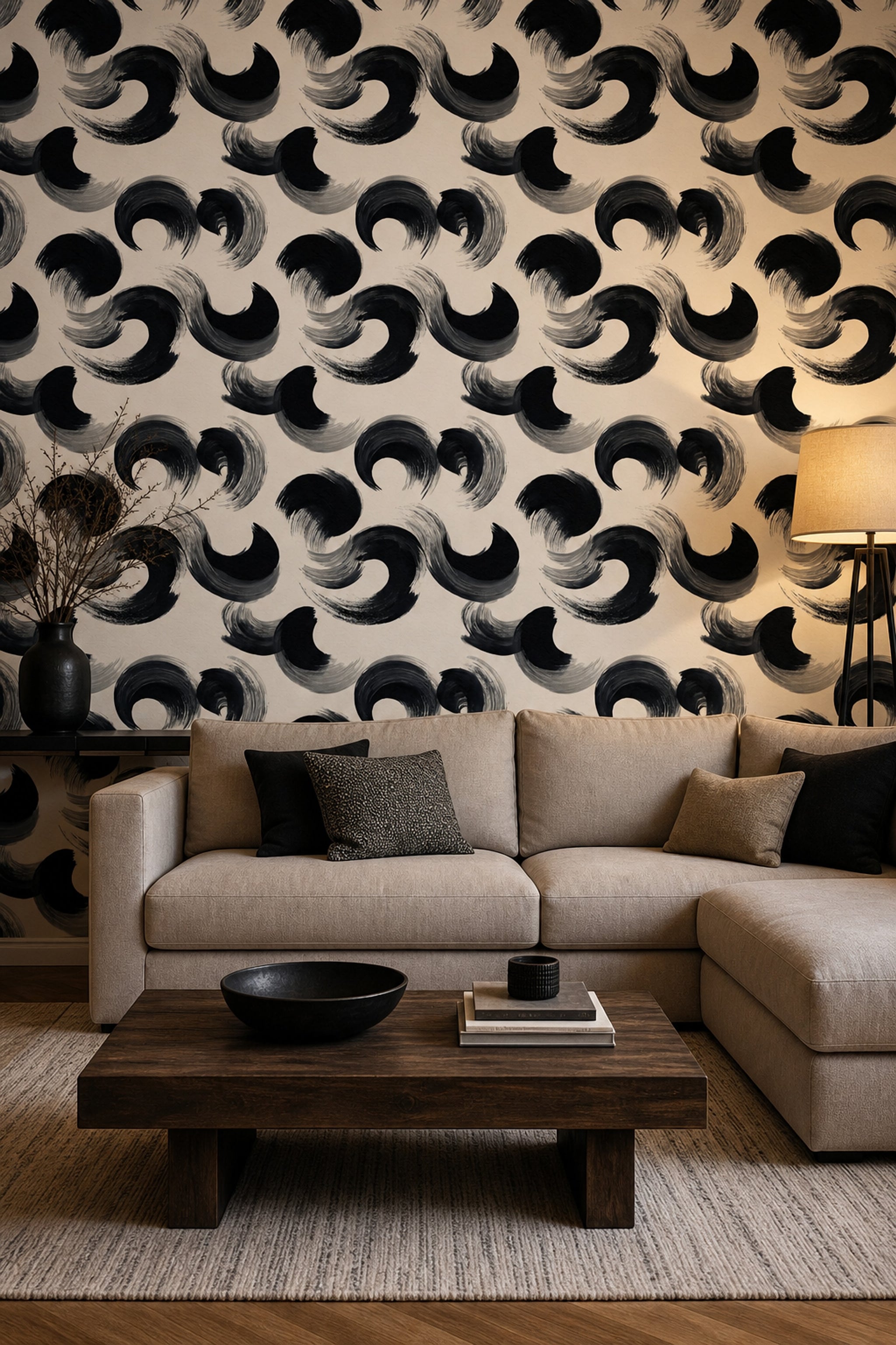 Siyah Fırça Darbeli Soyut Duvar Kağıdı Modern Salon