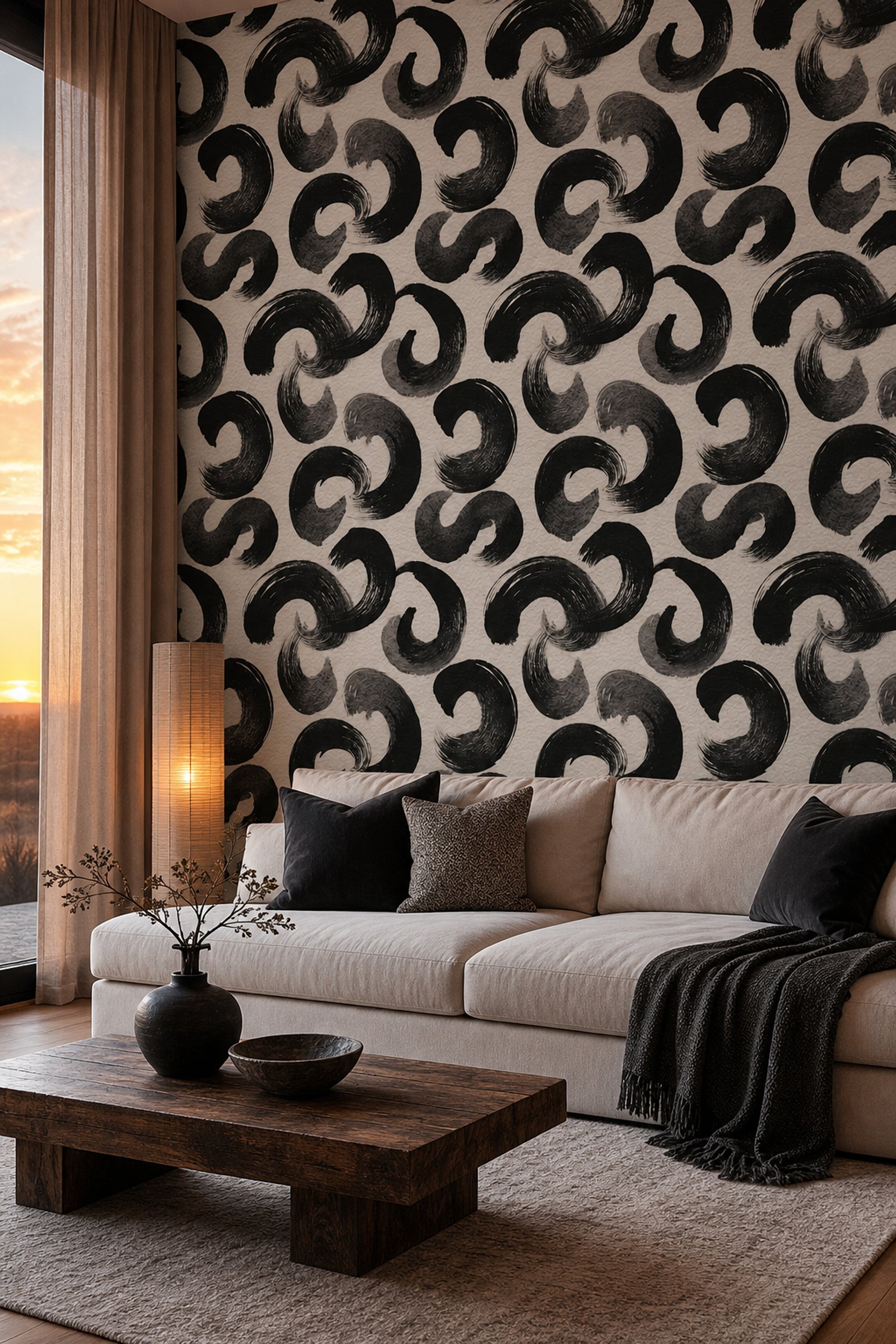 Siyah Fırça Darbeli Soyut Duvar Kağıdı Modern Salon