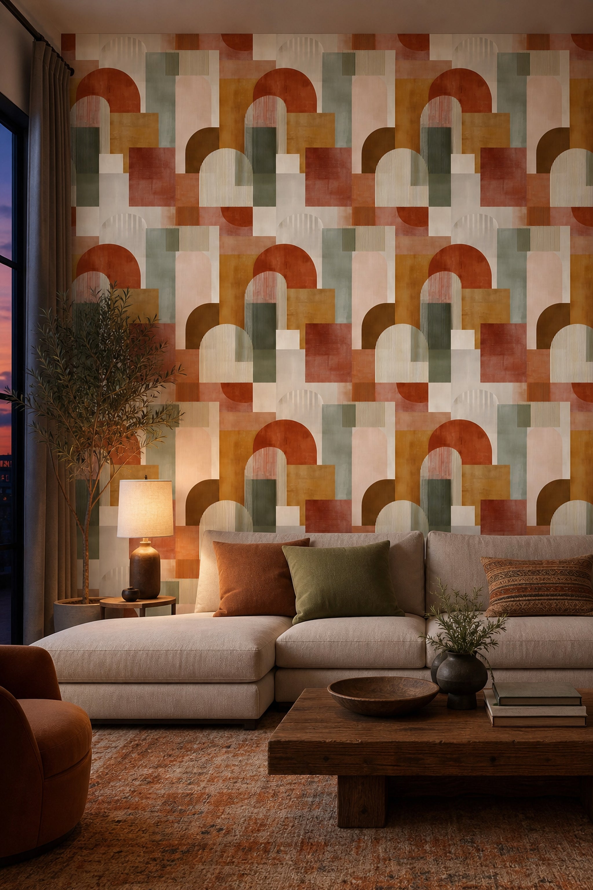 Renkli Geometrik Kemer Desenli Duvar Kağıdı Modern Salon
