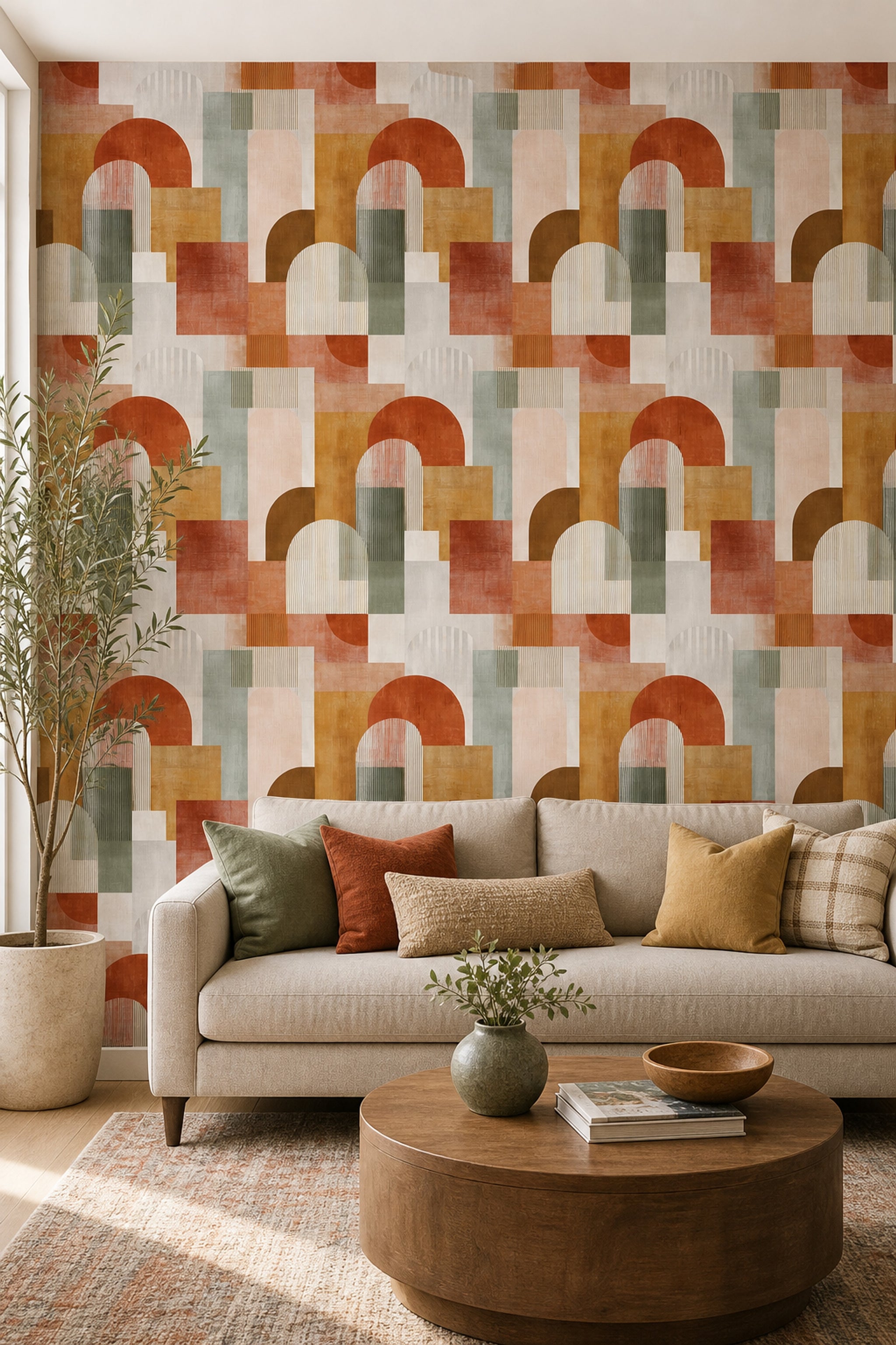 Renkli Geometrik Kemer Desenli Duvar Kağıdı Modern Salon