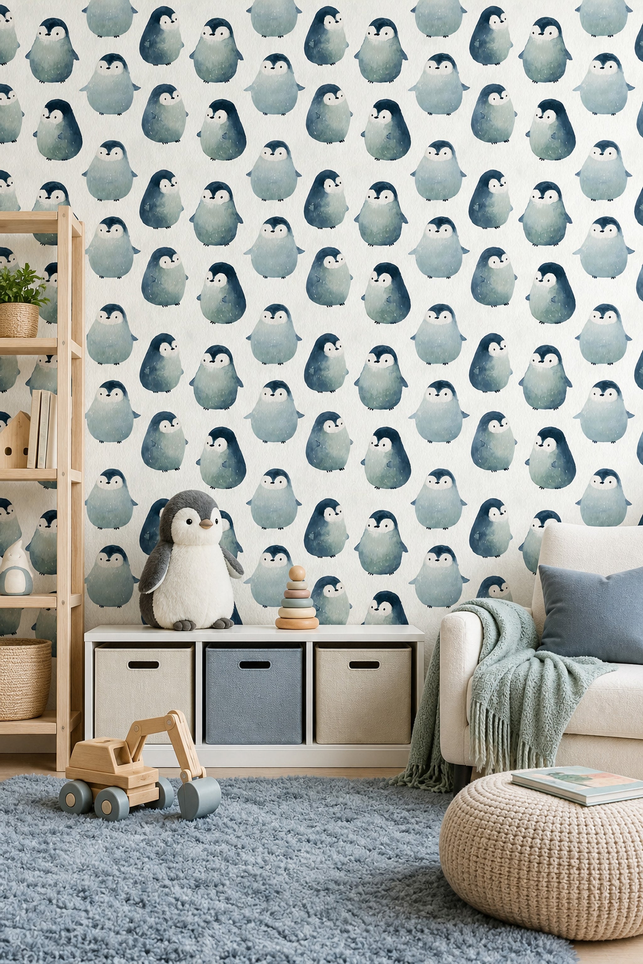 Sevimli Penguenli Duvar Kağıdı Mavi Çocuk Odası Desenli