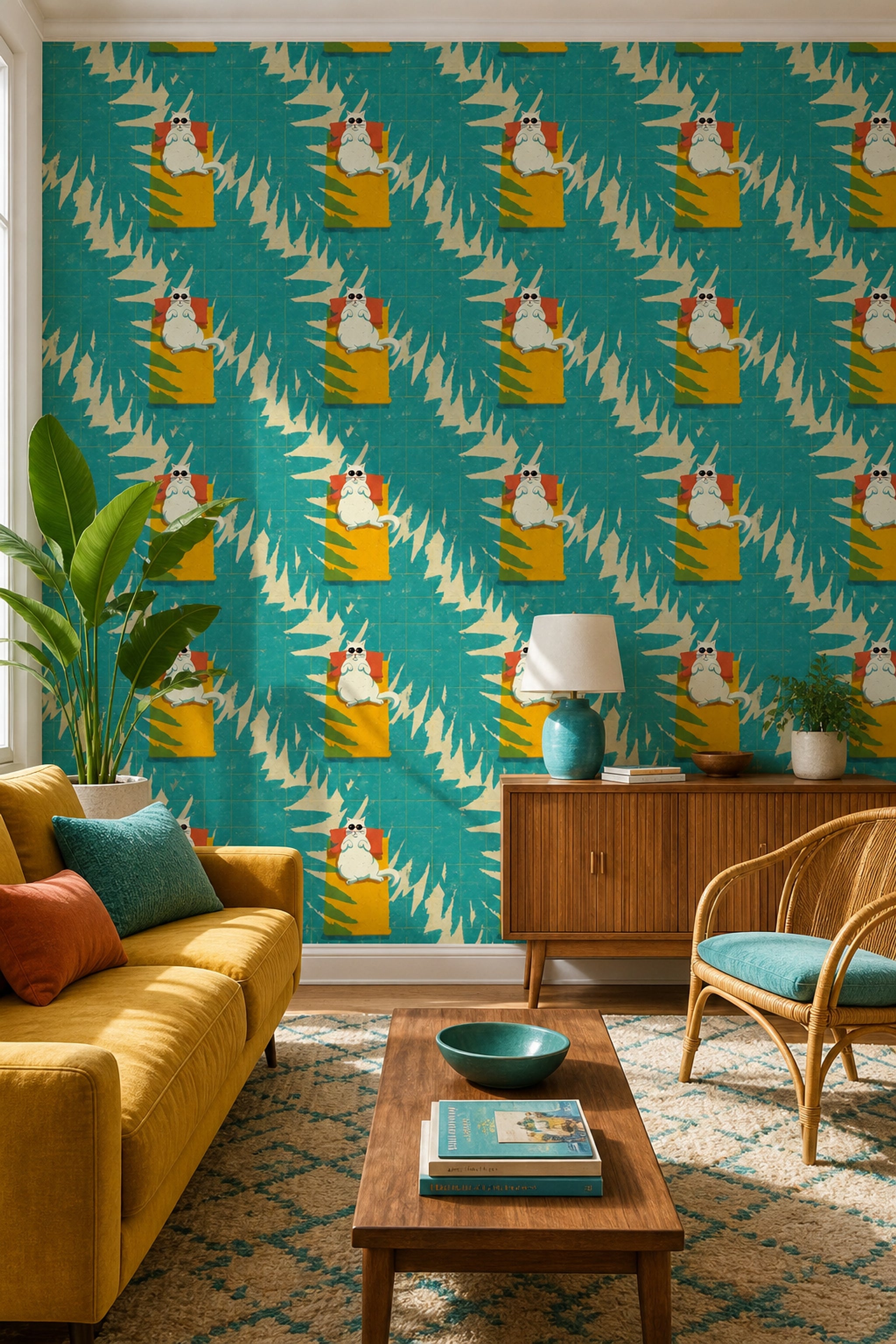Kedili Tekrarlı Desen Duvar Kağıdı Turkuaz Retro Salon