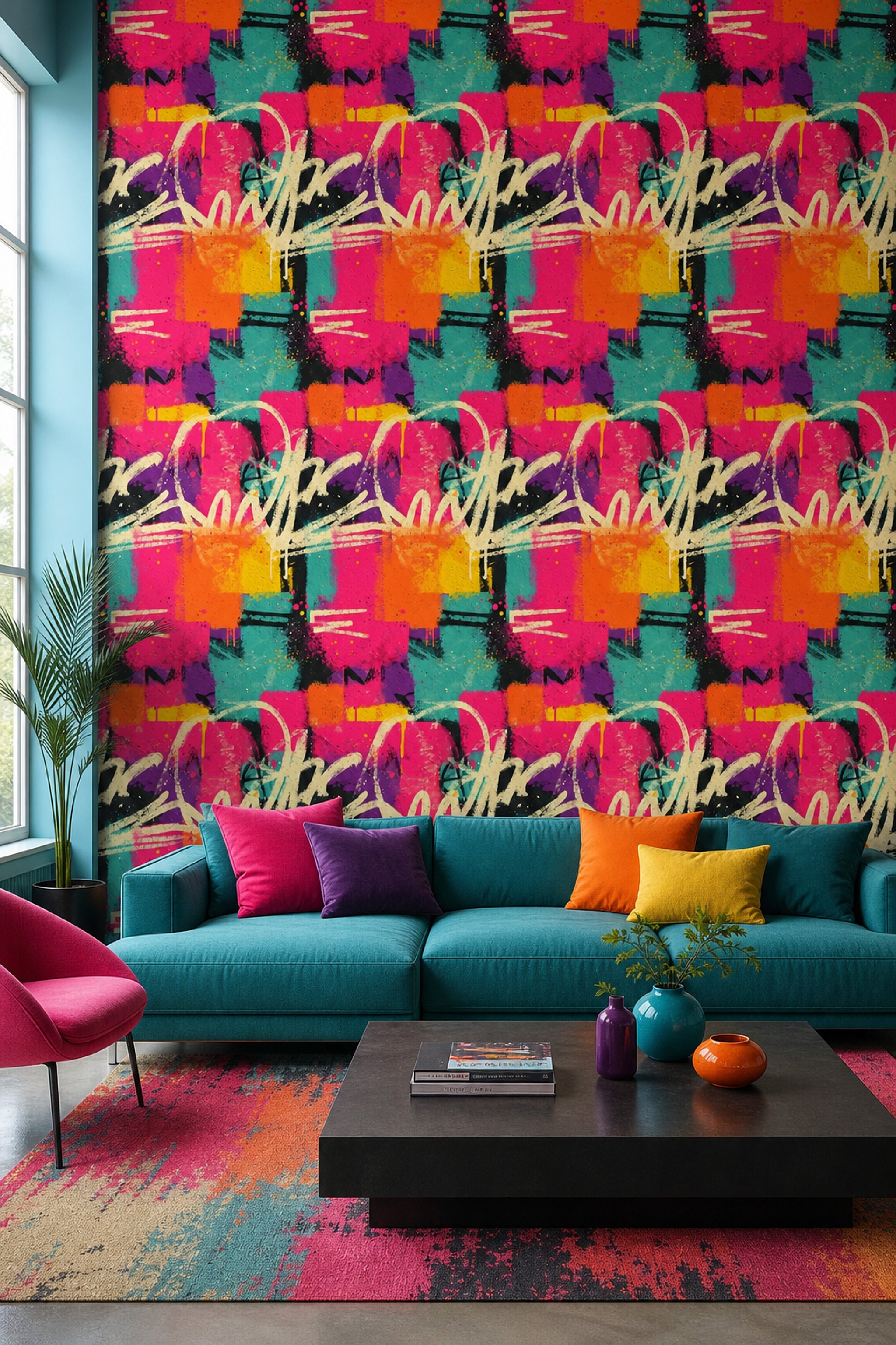 Renkli Graffiti Desenli Duvar Kağıdı Modern Salon Duvar Dekoru