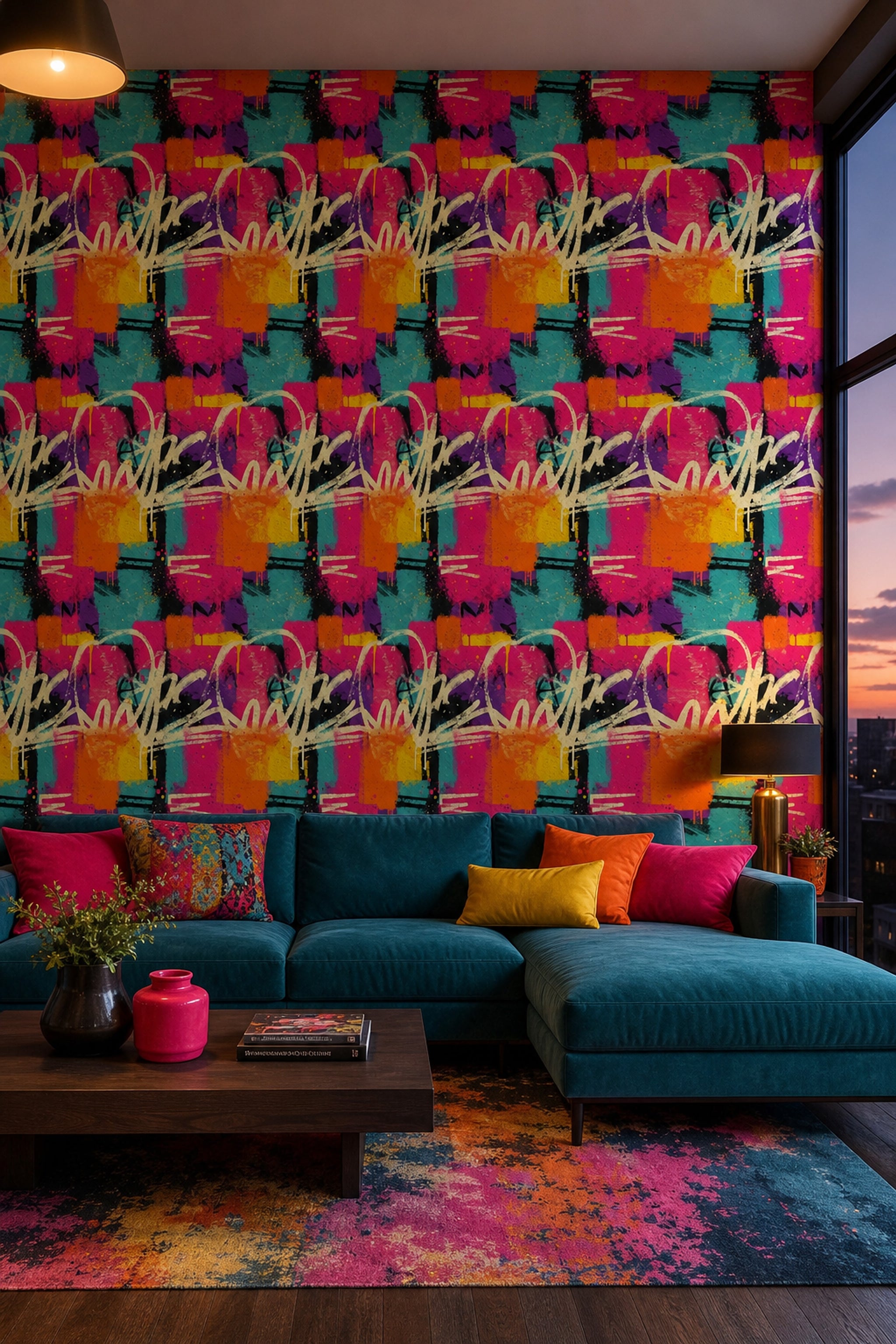 Renkli Graffiti Desenli Duvar Kağıdı Modern Salon Duvar Dekoru