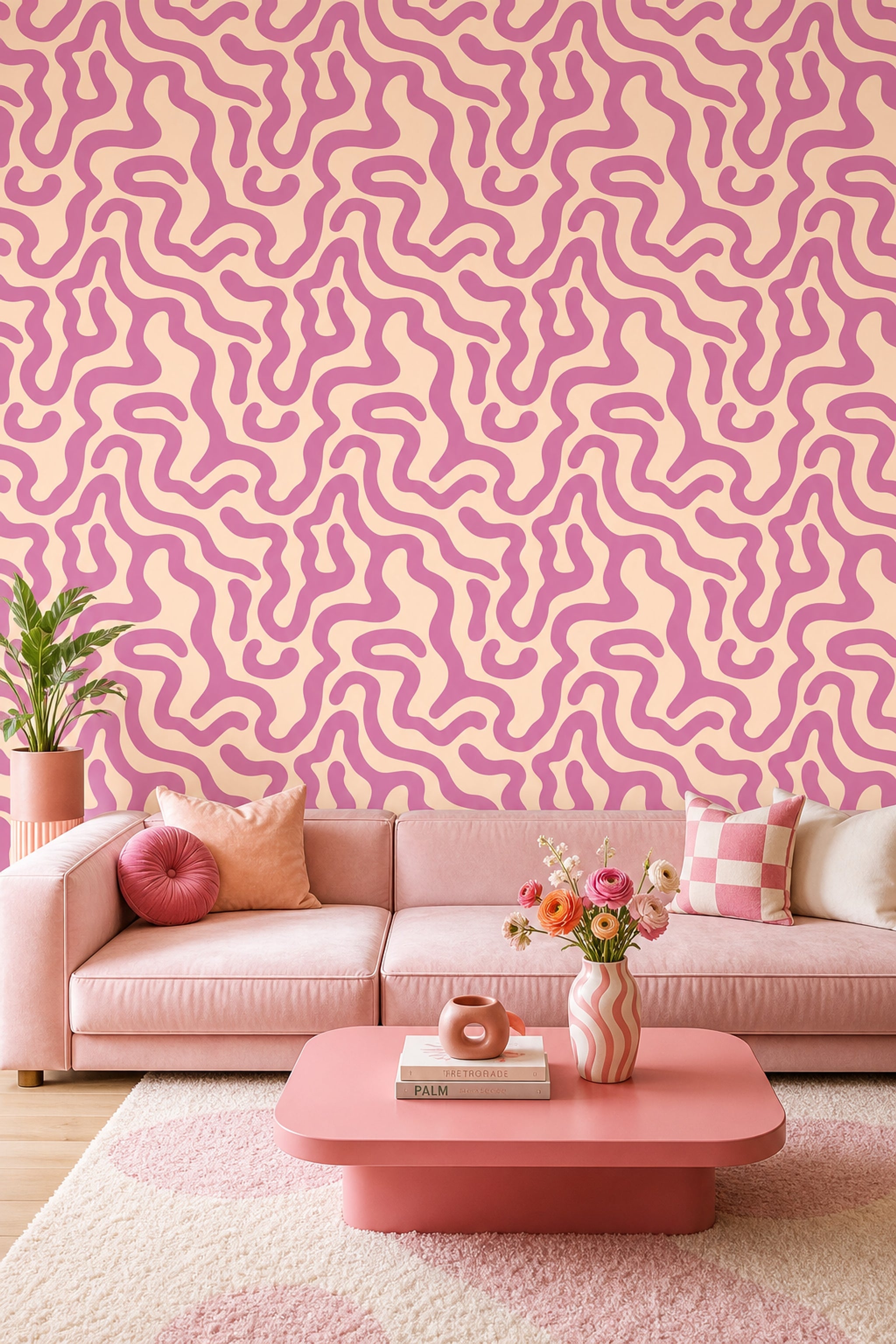 Pembe Organik Dalgalı Duvar Kağıdı Modern Soyut Desenli