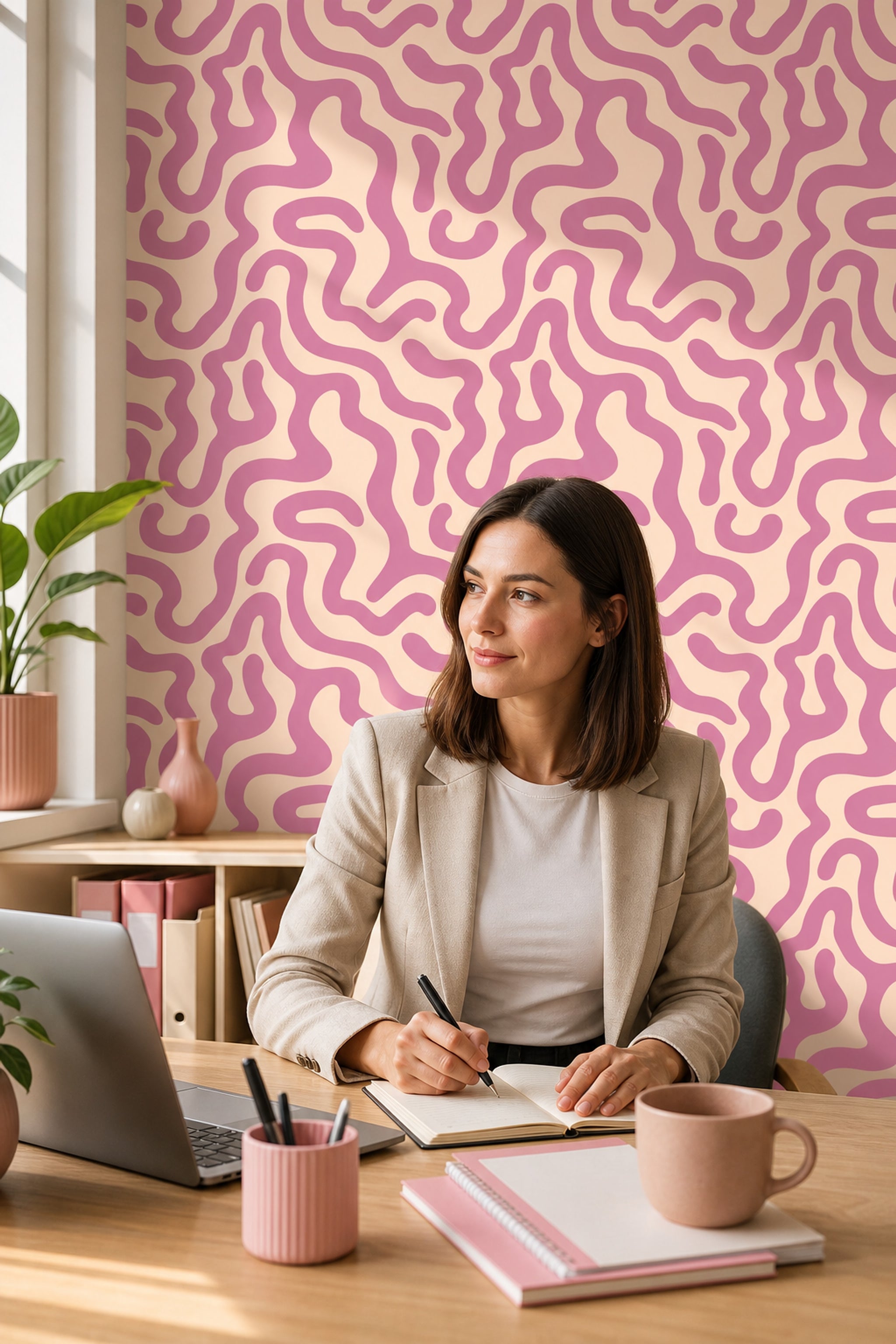 Pembe Organik Dalgalı Duvar Kağıdı Modern Soyut Desenli
