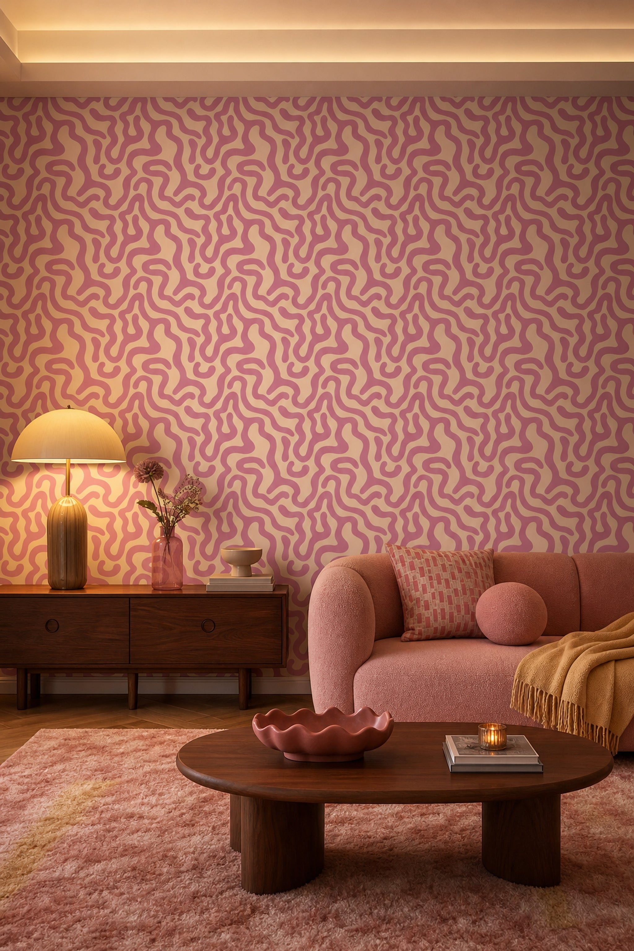Pembe Organik Dalgalı Duvar Kağıdı Modern Soyut Desenli