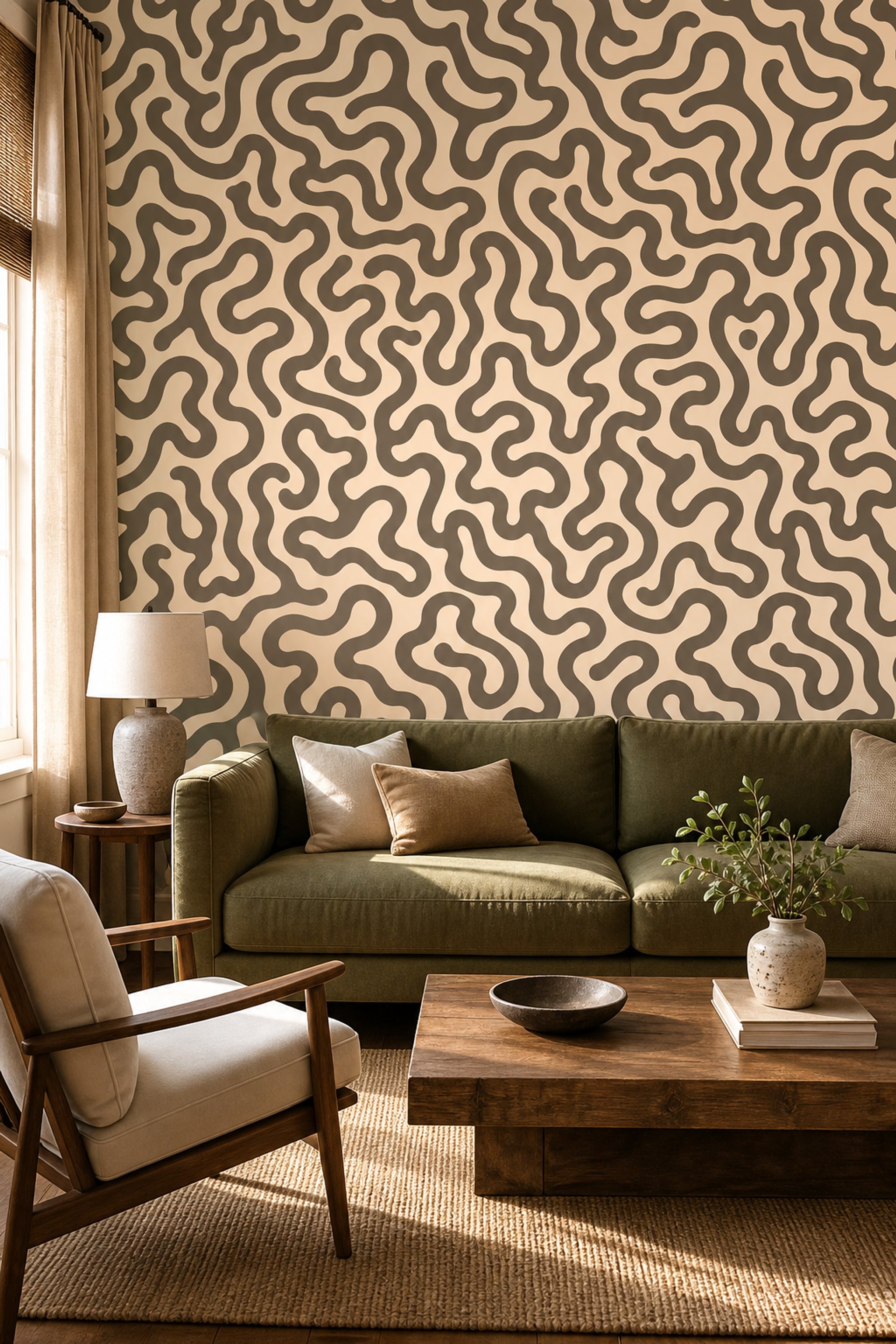 Soyut Dalga Desenli Duvar Kağıdı Bej Kahverengi Salon