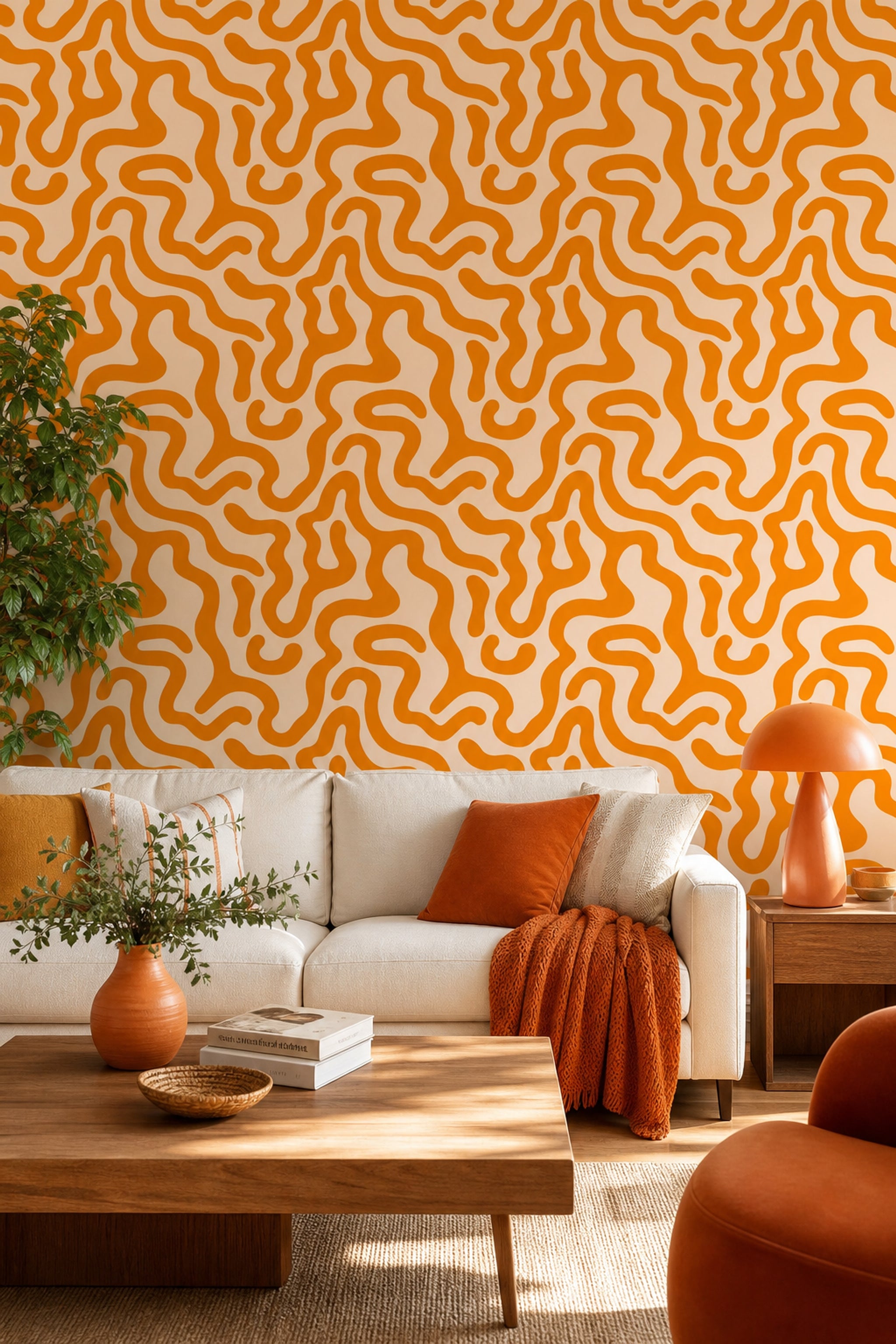 Turuncu Kıvrımlı Soyut Duvar Kağıdı Modern Salon Desenli