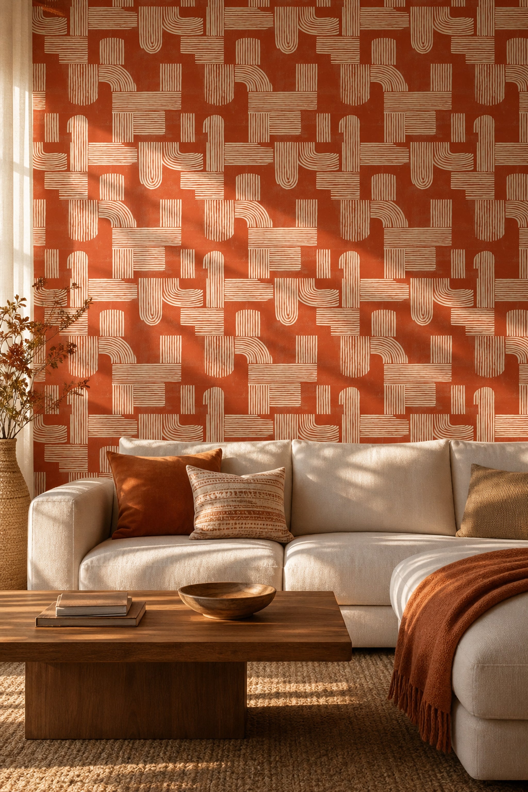 Geometrik Desenli Duvar Kağıdı Kiremit Renk Modern Salon