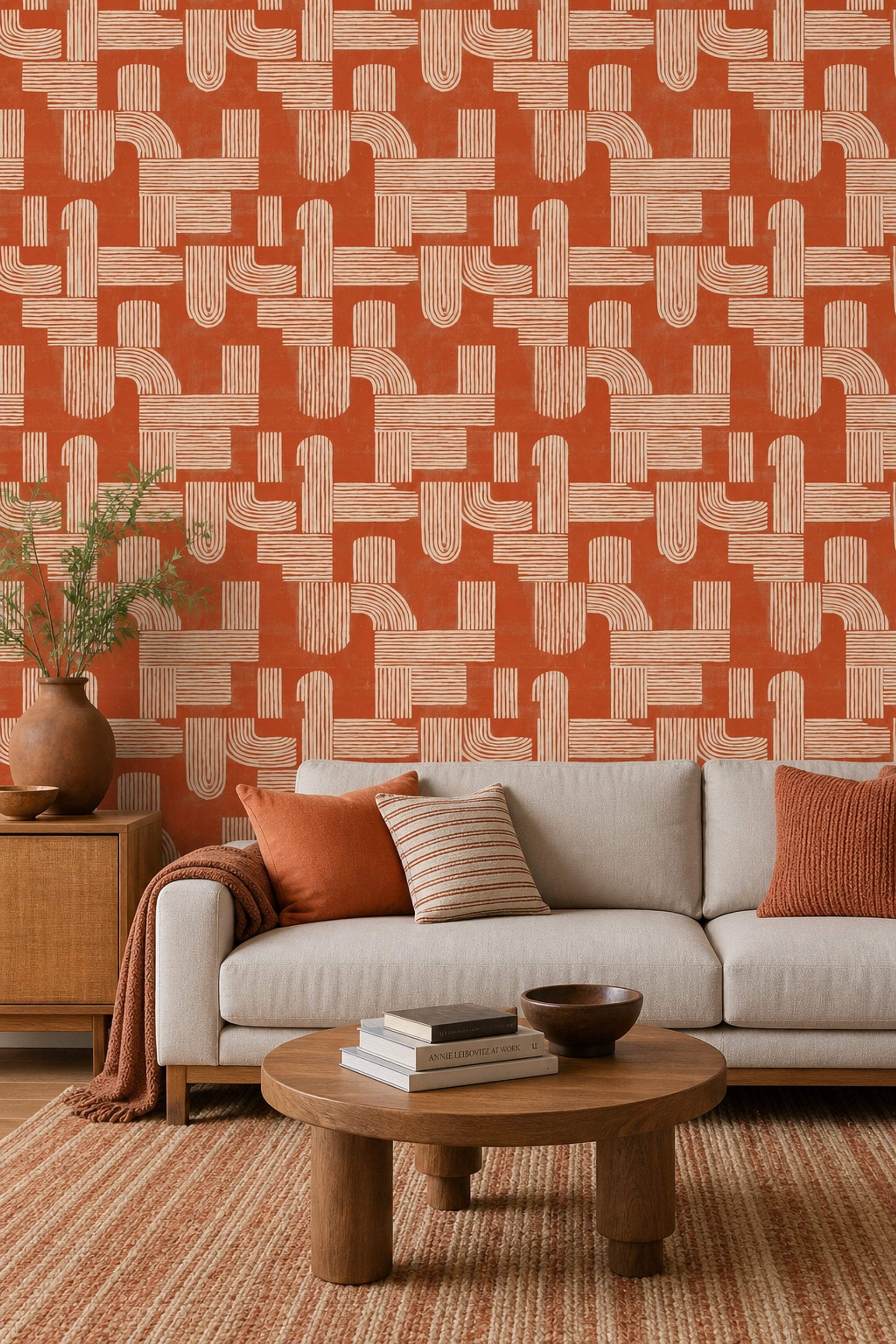 Geometrik Desenli Duvar Kağıdı Kiremit Renk Modern Salon