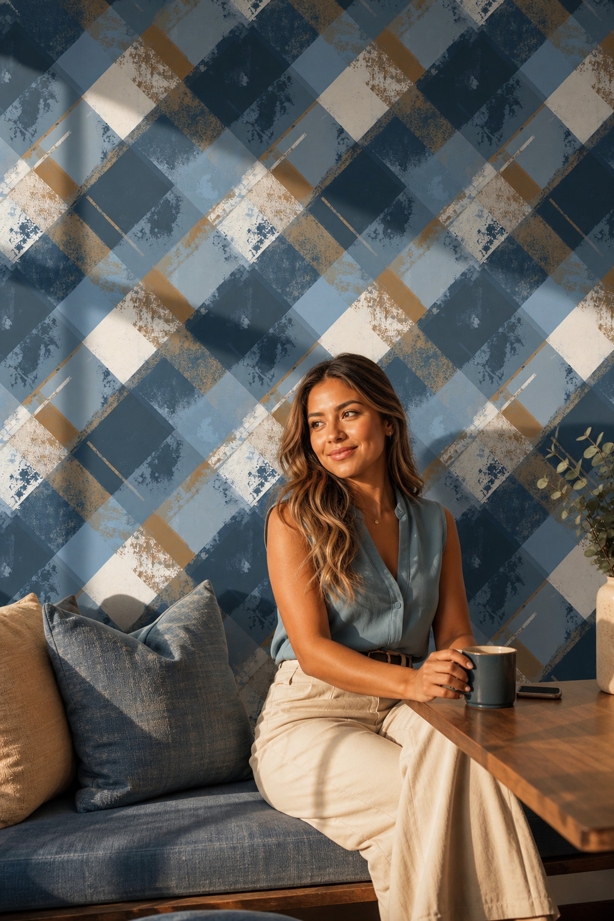 Lacivert Mavi Ekose Desenli Duvar Kağıdı Modern Salon