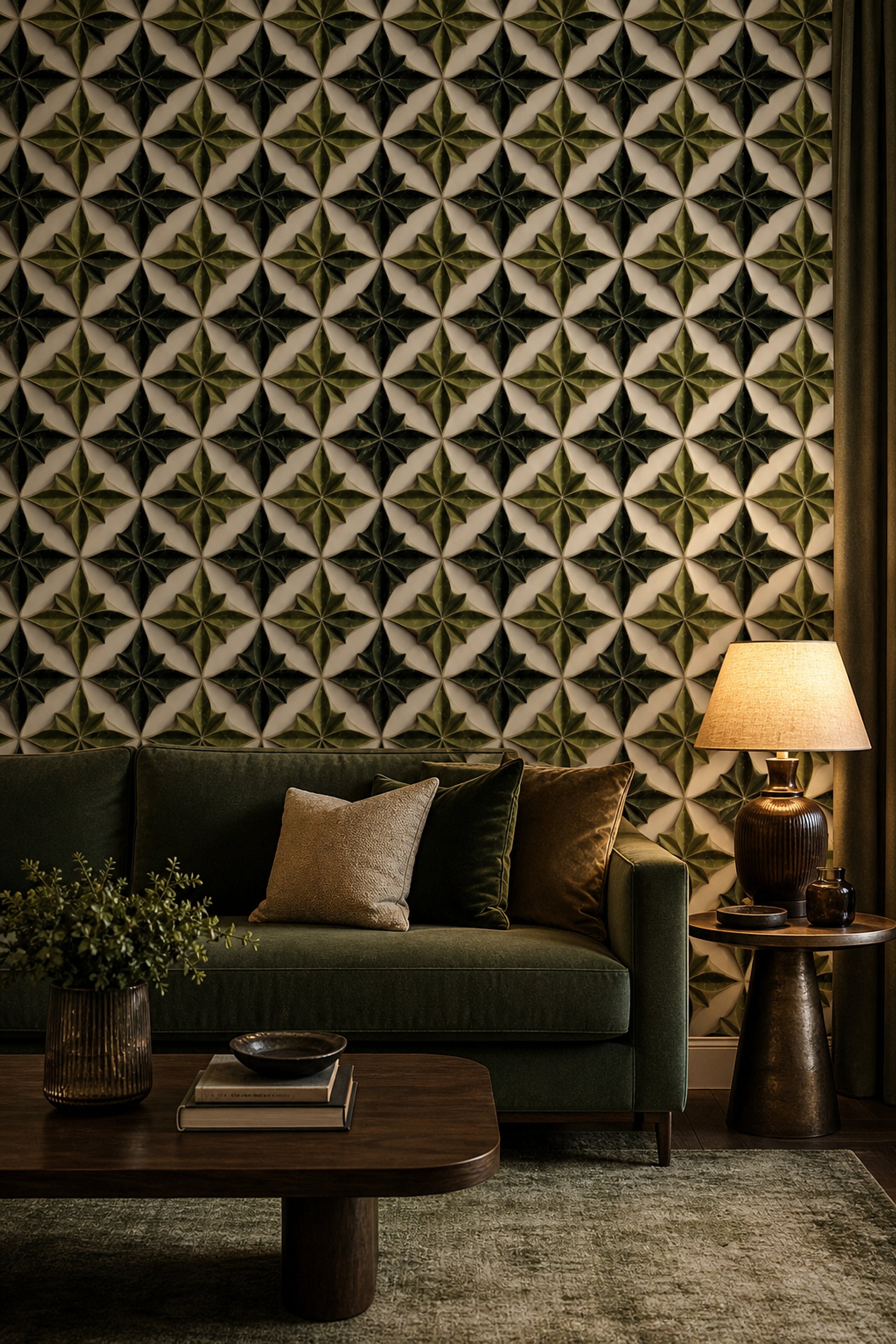 Geometrik Yıldız Desenli Duvar Kağıdı Yeşil Salon Duvarı