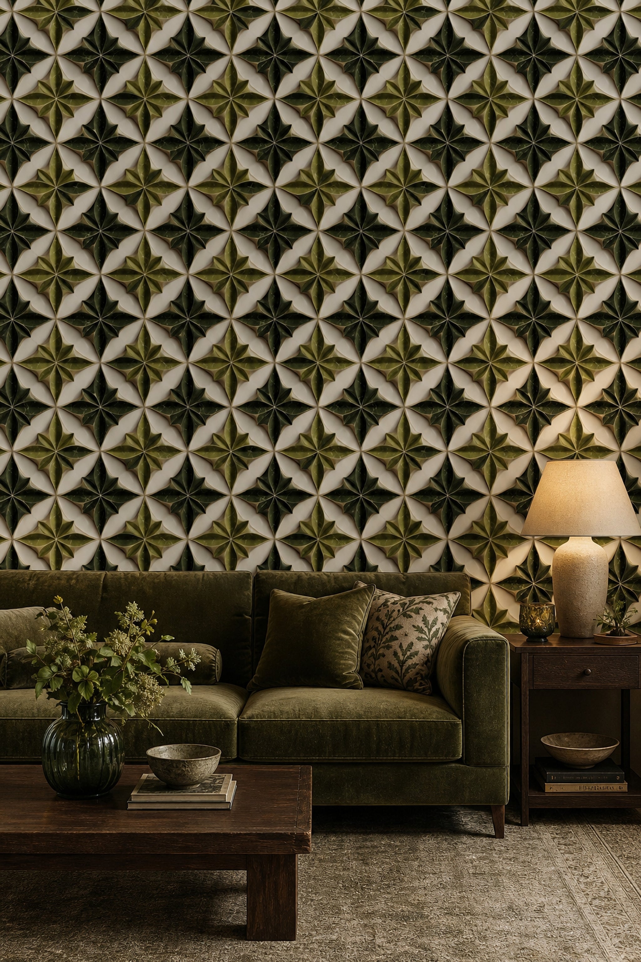 Geometrik Yıldız Desenli Duvar Kağıdı Yeşil Salon Duvarı