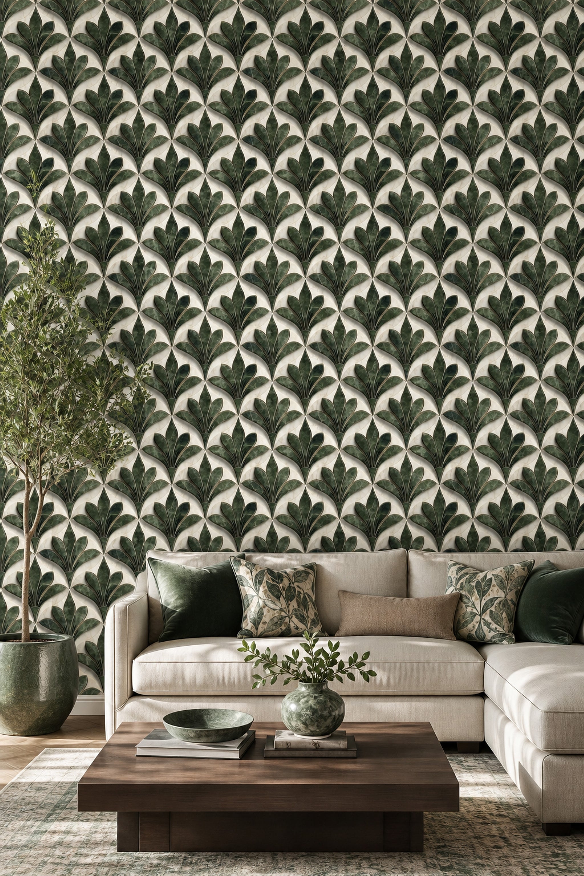 Art Deco Yaprak Desenli Duvar Kağıdı Yeşil Krem Salon
