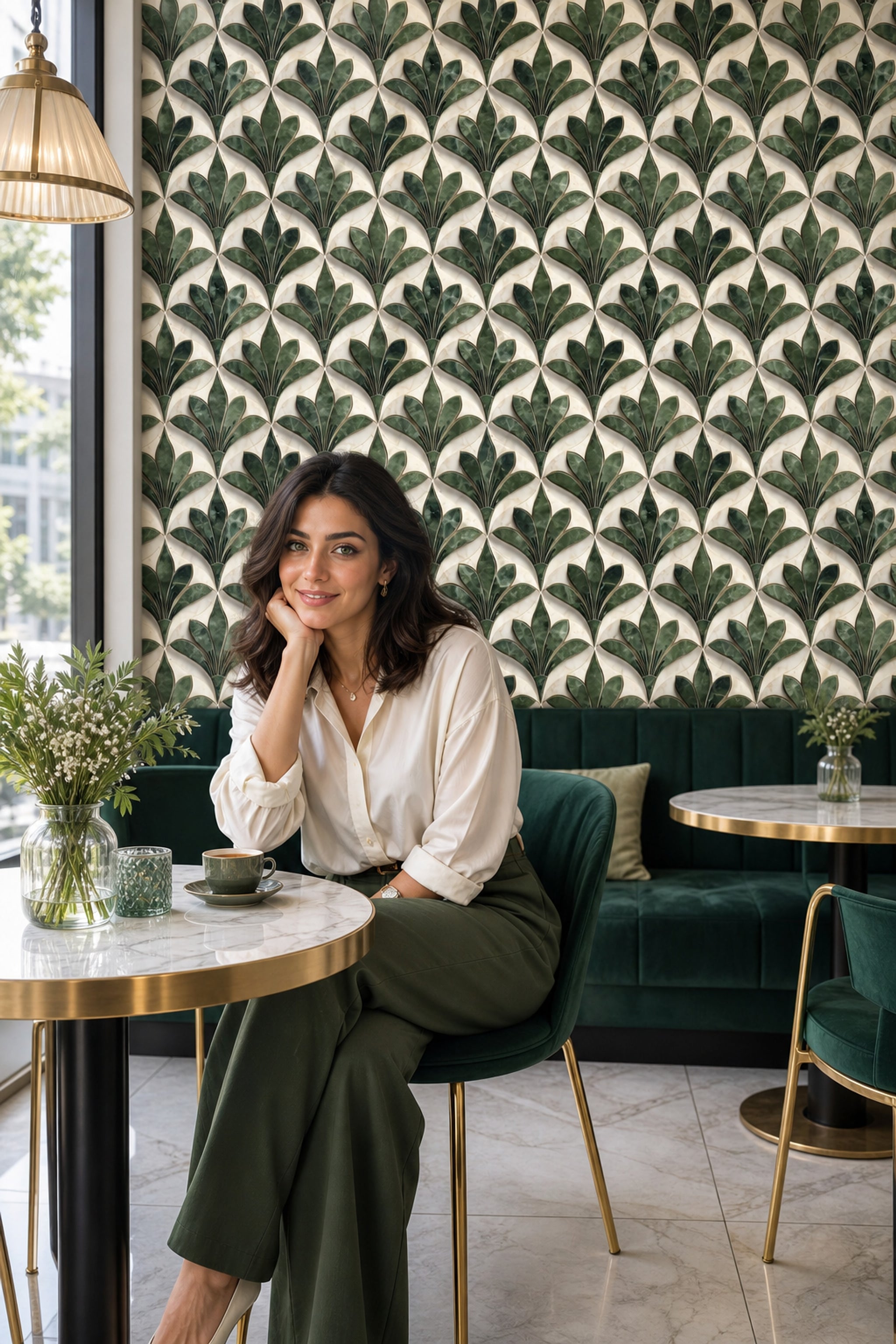 Art Deco Yaprak Desenli Duvar Kağıdı Yeşil Krem Salon