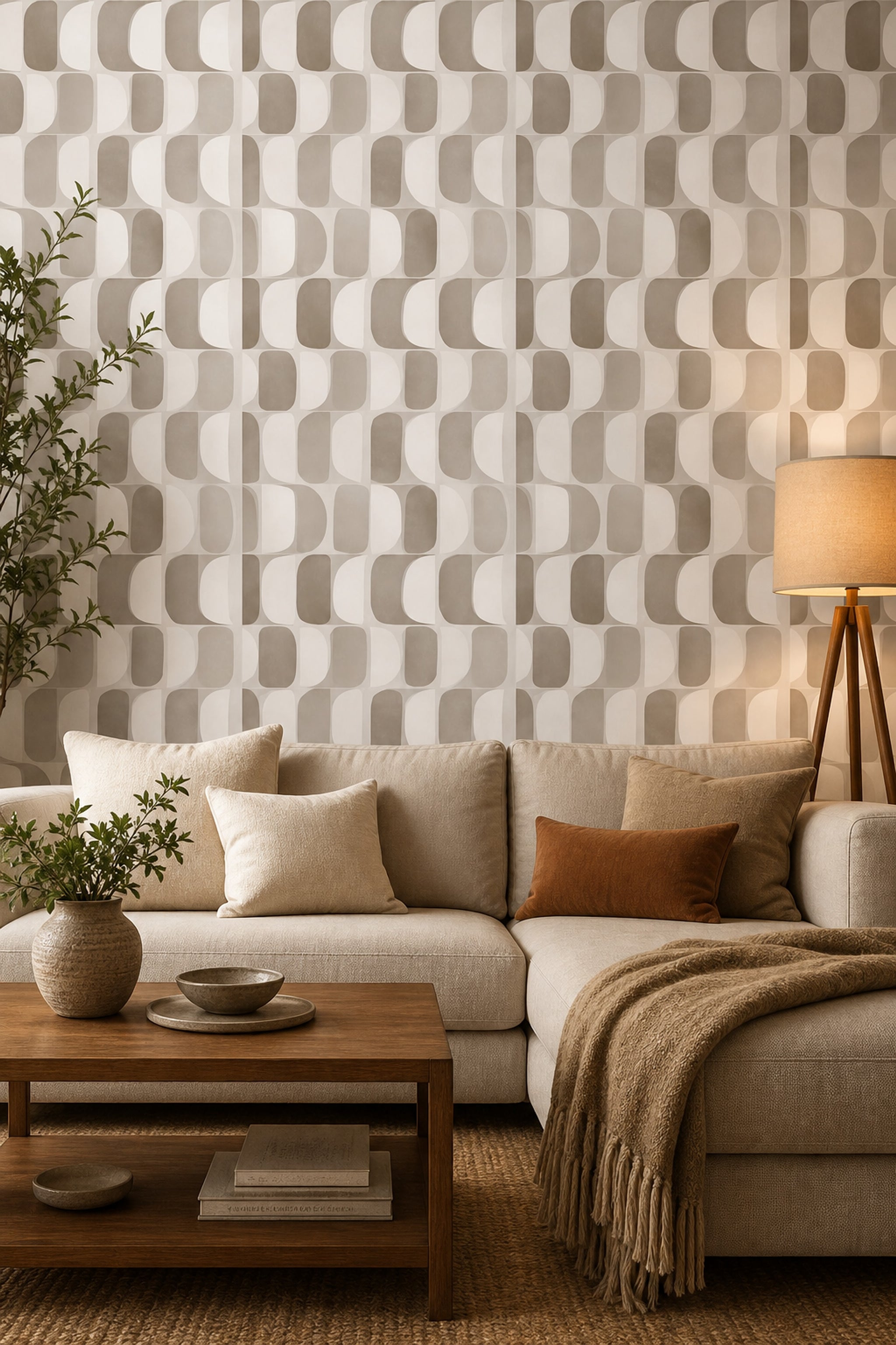 Geometrik Yuvarlatılmış Desenli Duvar Kağıdı Bej Krem Salon