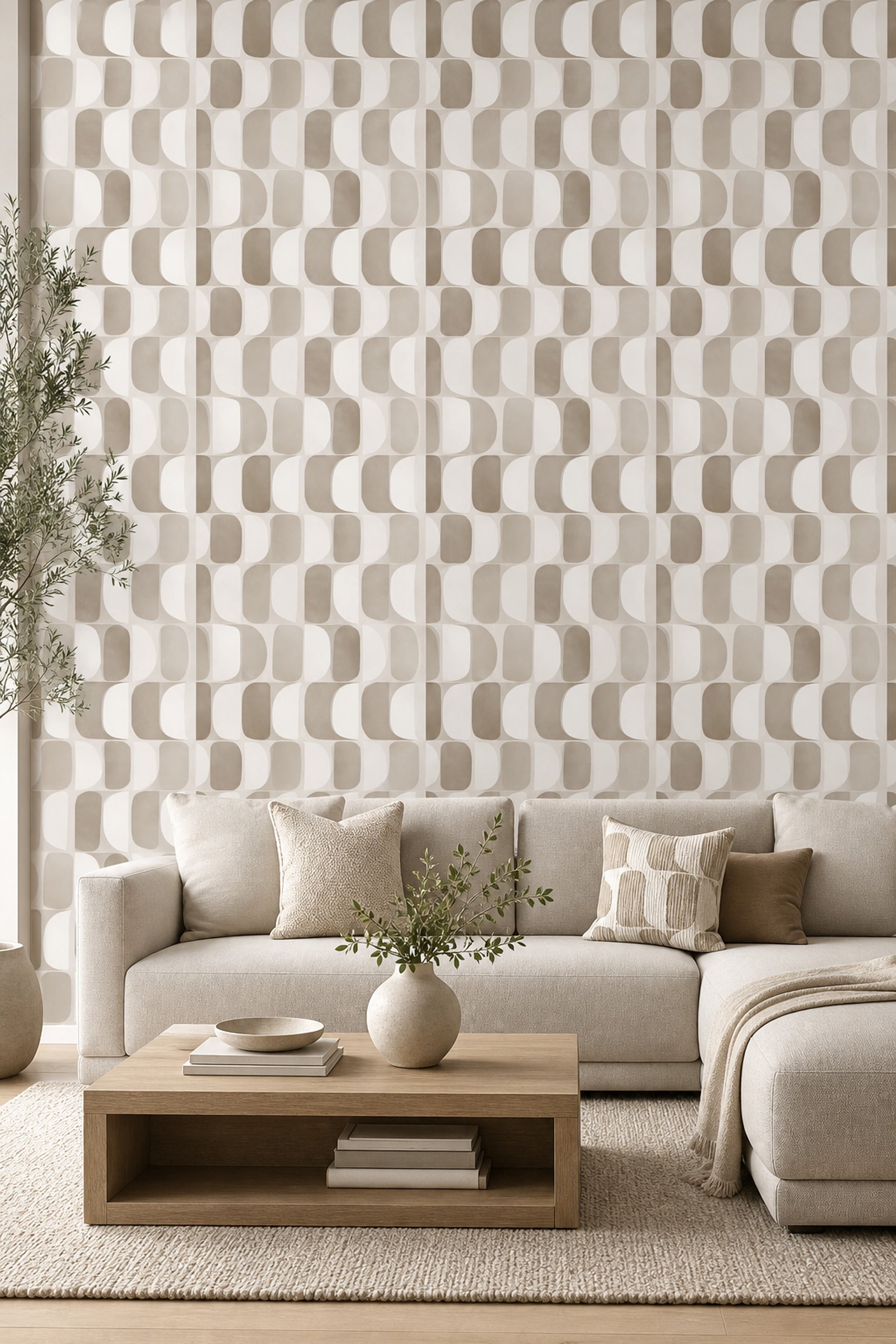 Geometrik Yuvarlatılmış Desenli Duvar Kağıdı Bej Krem Salon