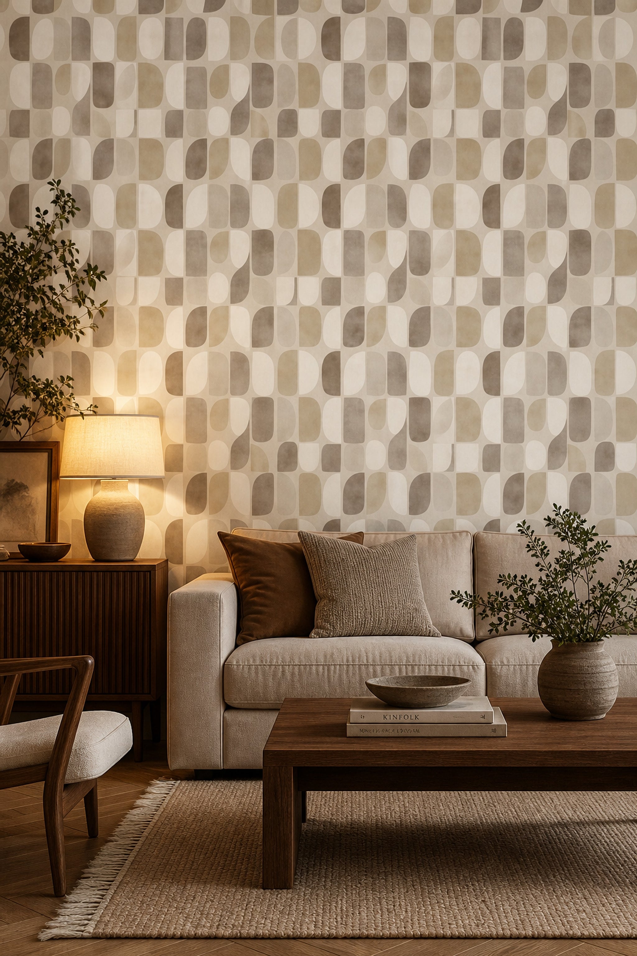 Geometrik Retro Duvar Kağıdı Bej Kahve Desenli Salon