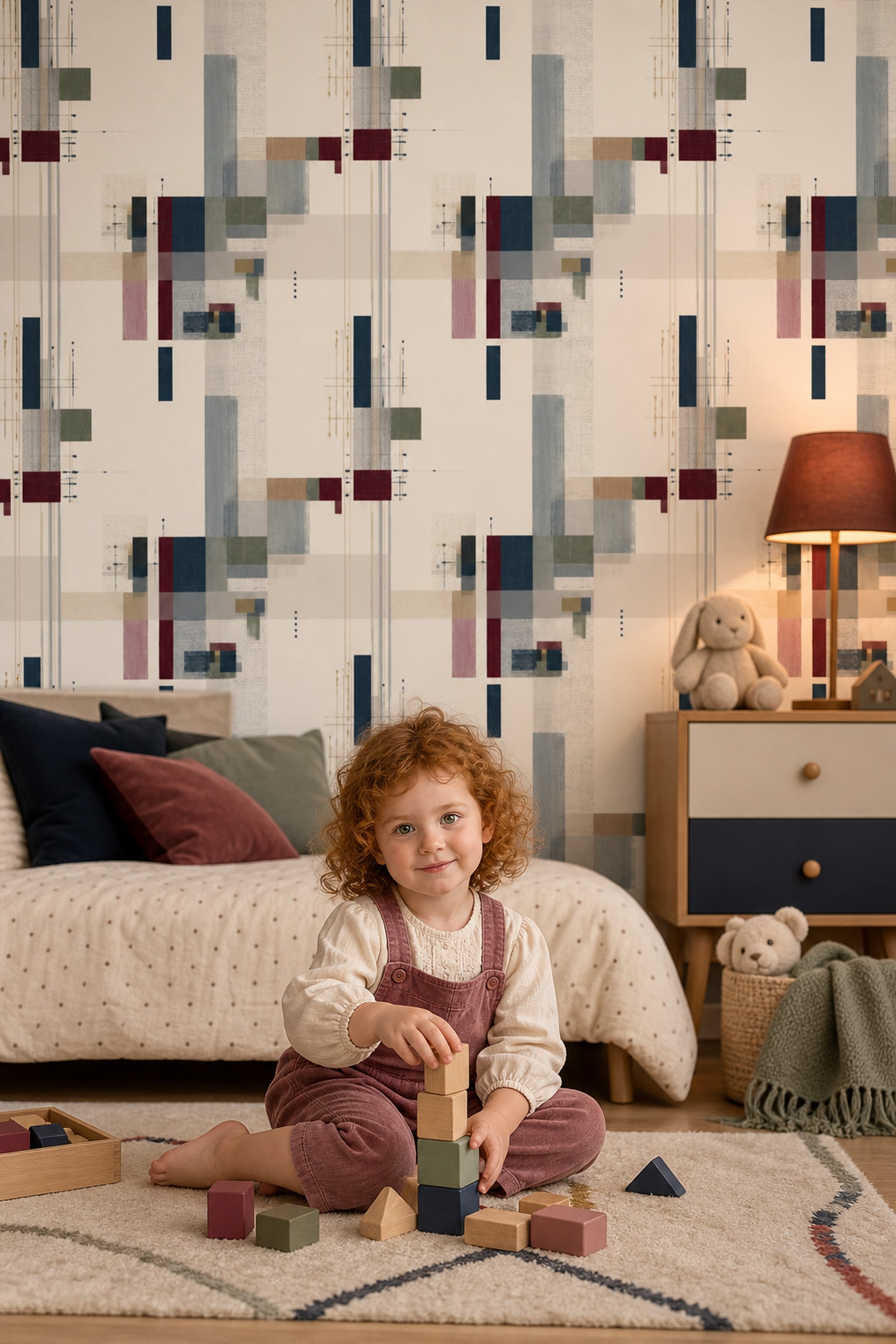 Geometrik Soyut Duvar Kağıdı Bej Lacivert Modern Salon