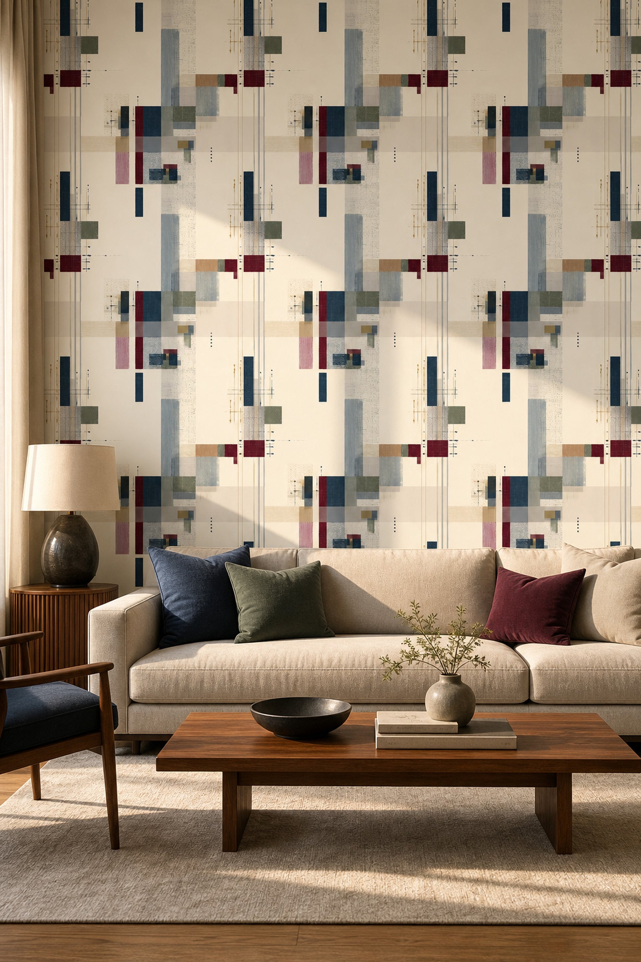 Geometrik Soyut Duvar Kağıdı Bej Lacivert Modern Salon