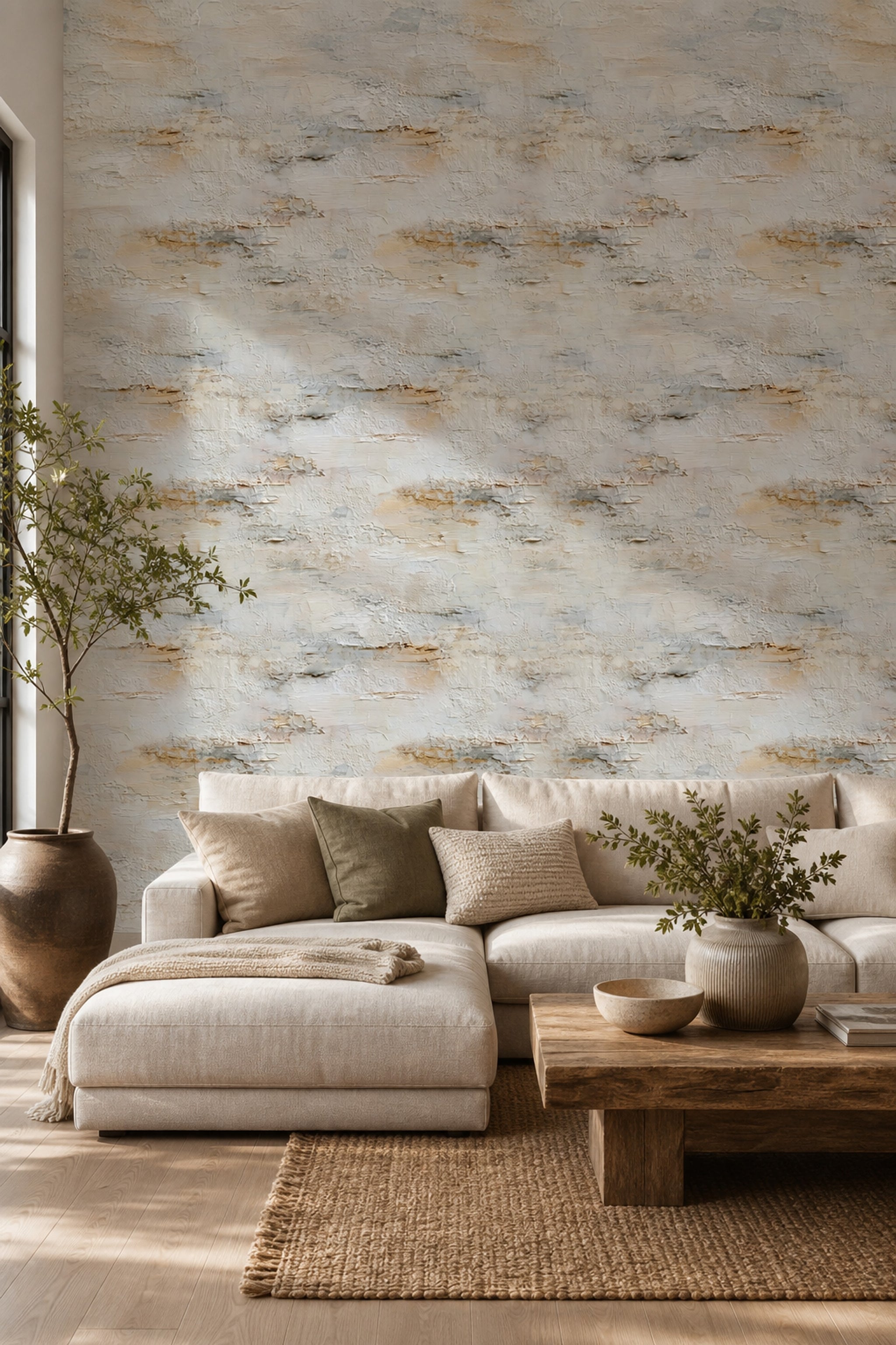 Beton Görünümlü Duvar Kağıdı Bej Gri Modern Salon