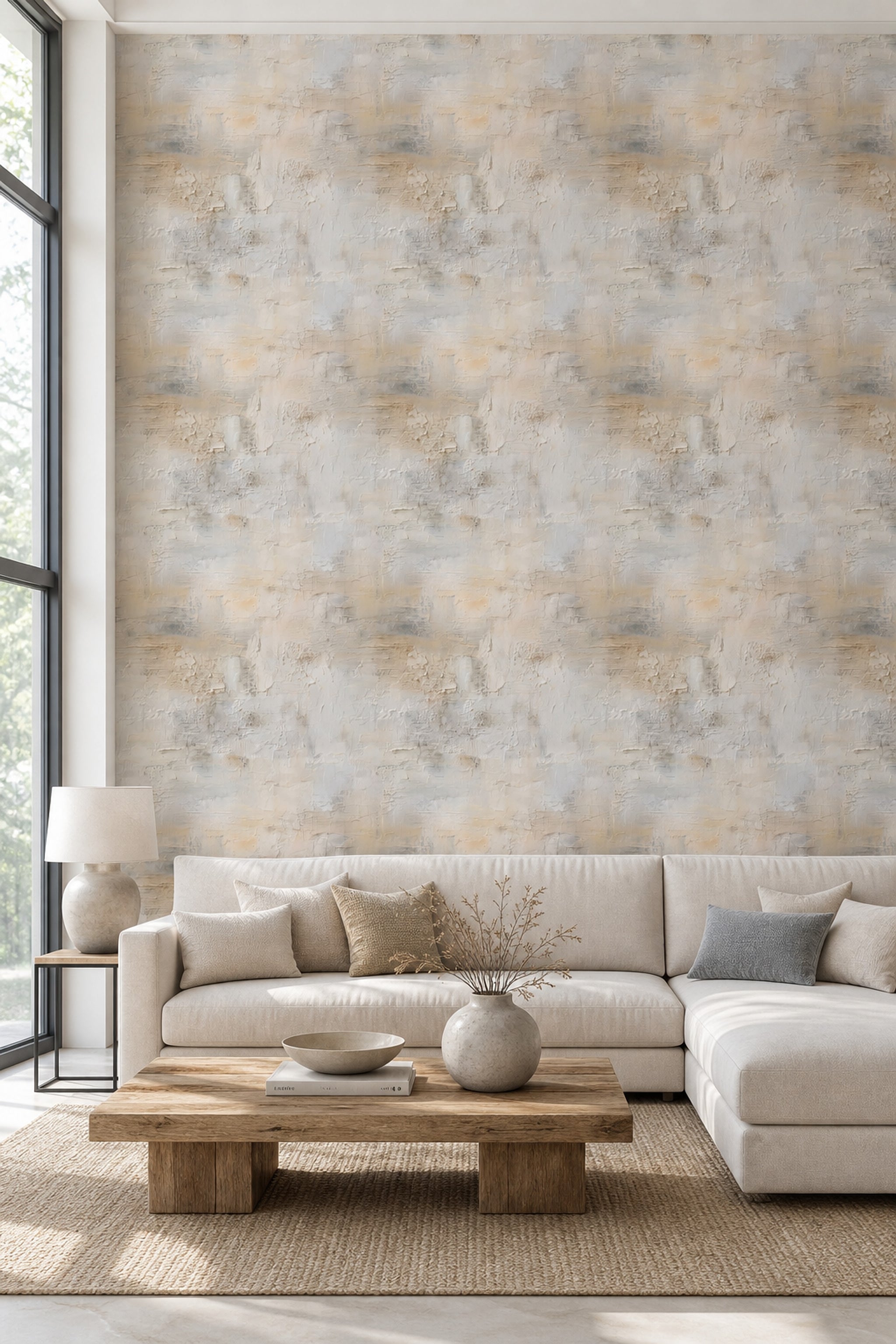 Beton Görünümlü Duvar Kağıdı Bej Gri Modern Salon
