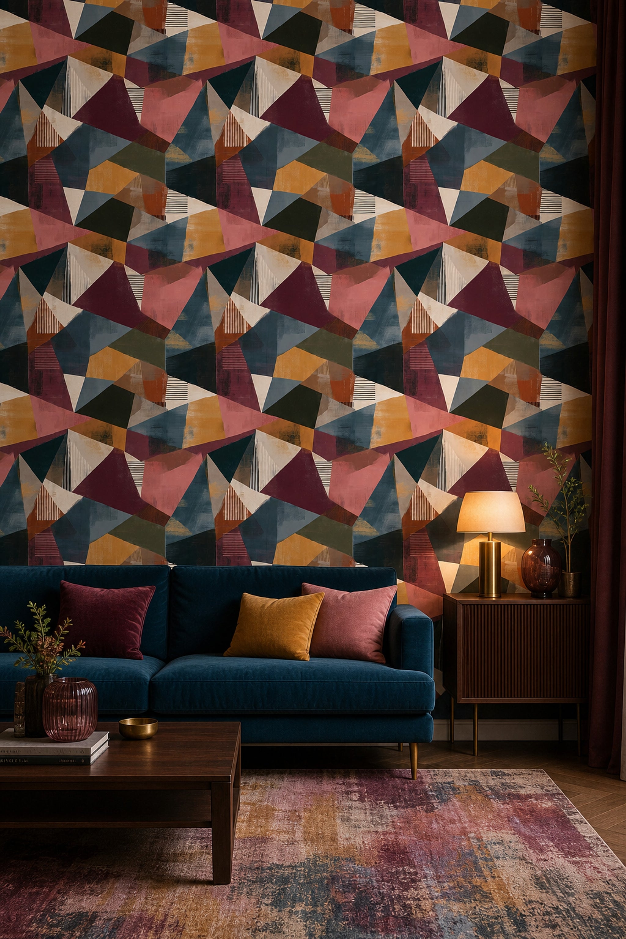 Renkli Geometrik Desenli Duvar Kağıdı Modern Salon Dekoru