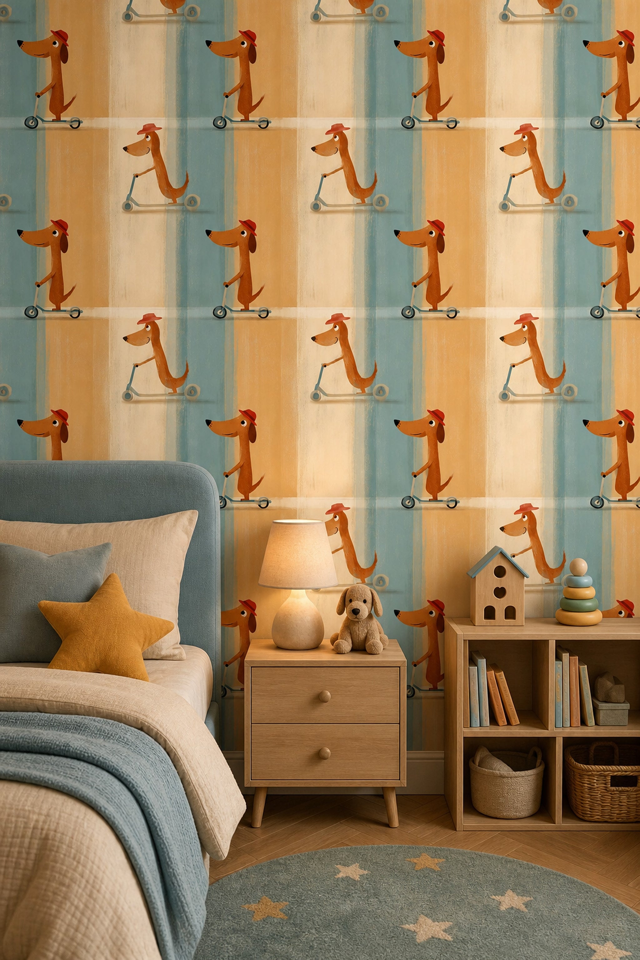 Scooterli Köpek Desenli Duvar Kağıdı Mavi Çocuk Odası