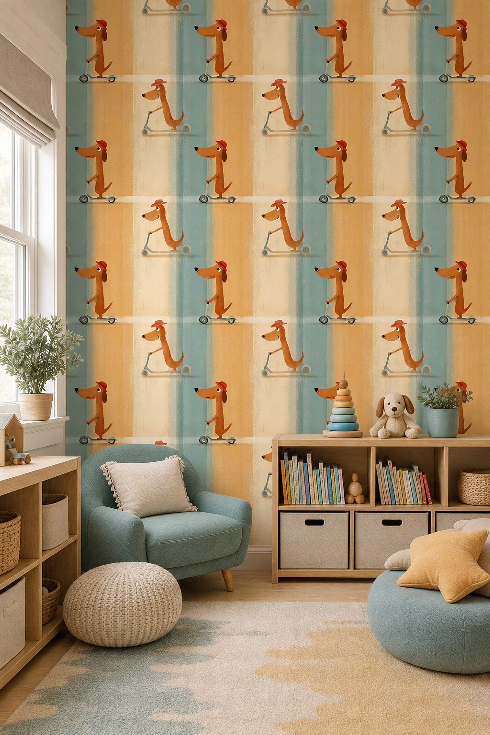 Scooterli Köpek Desenli Duvar Kağıdı Mavi Çocuk Odası