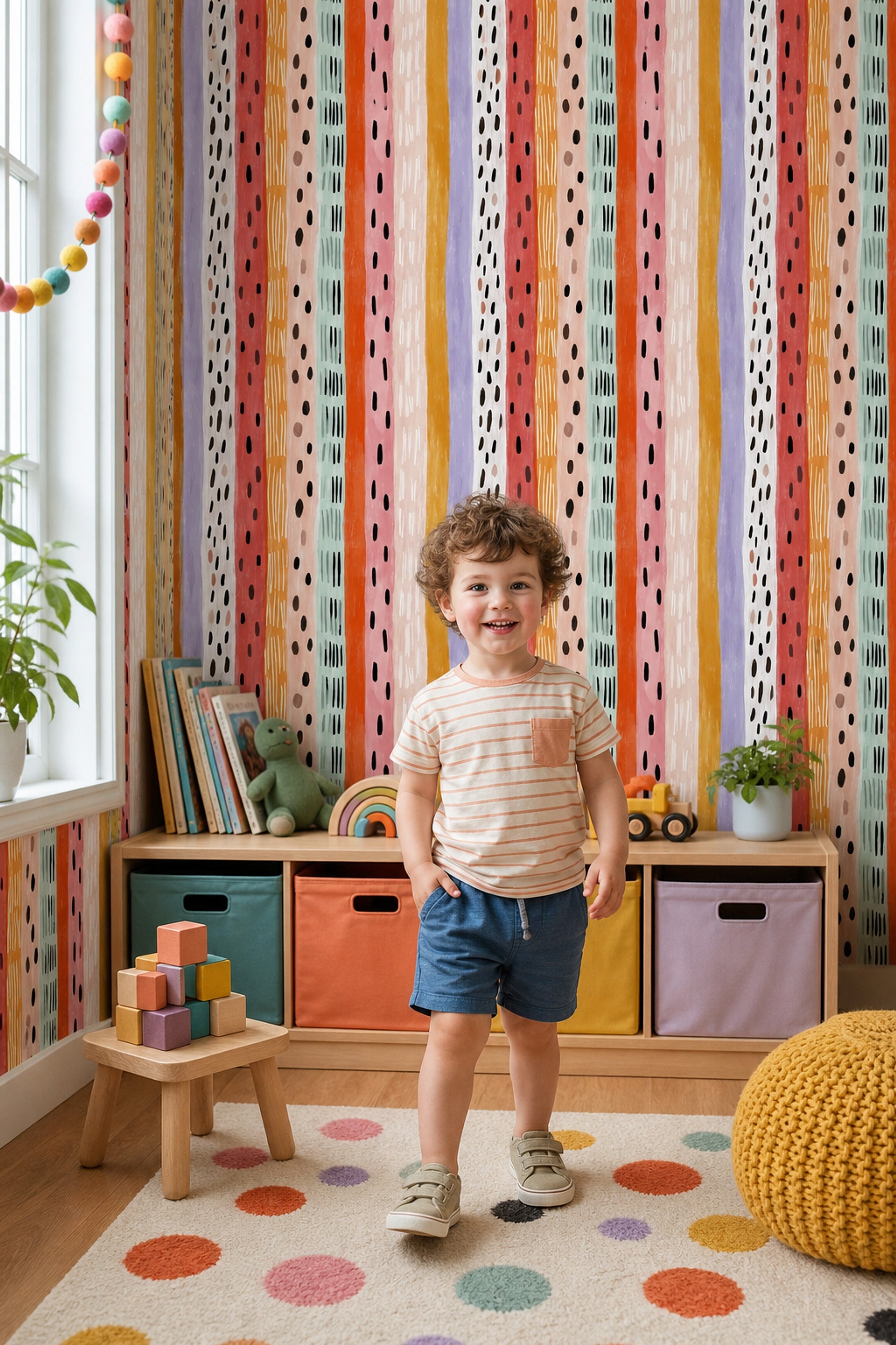 Renkli Dikey Çizgili Duvar Kağıdı Modern Salon Deseni