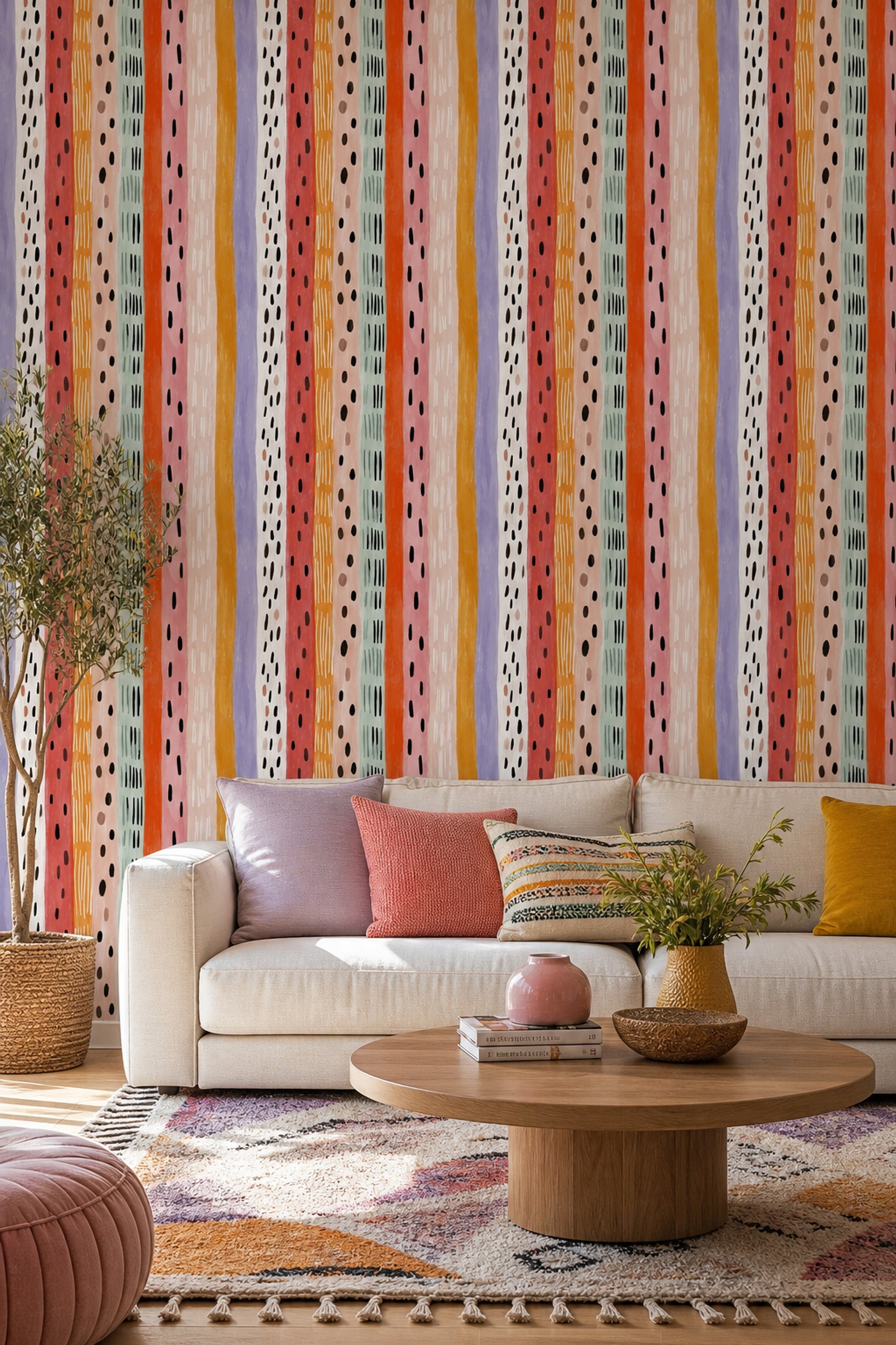 Renkli Dikey Çizgili Duvar Kağıdı Modern Salon Deseni