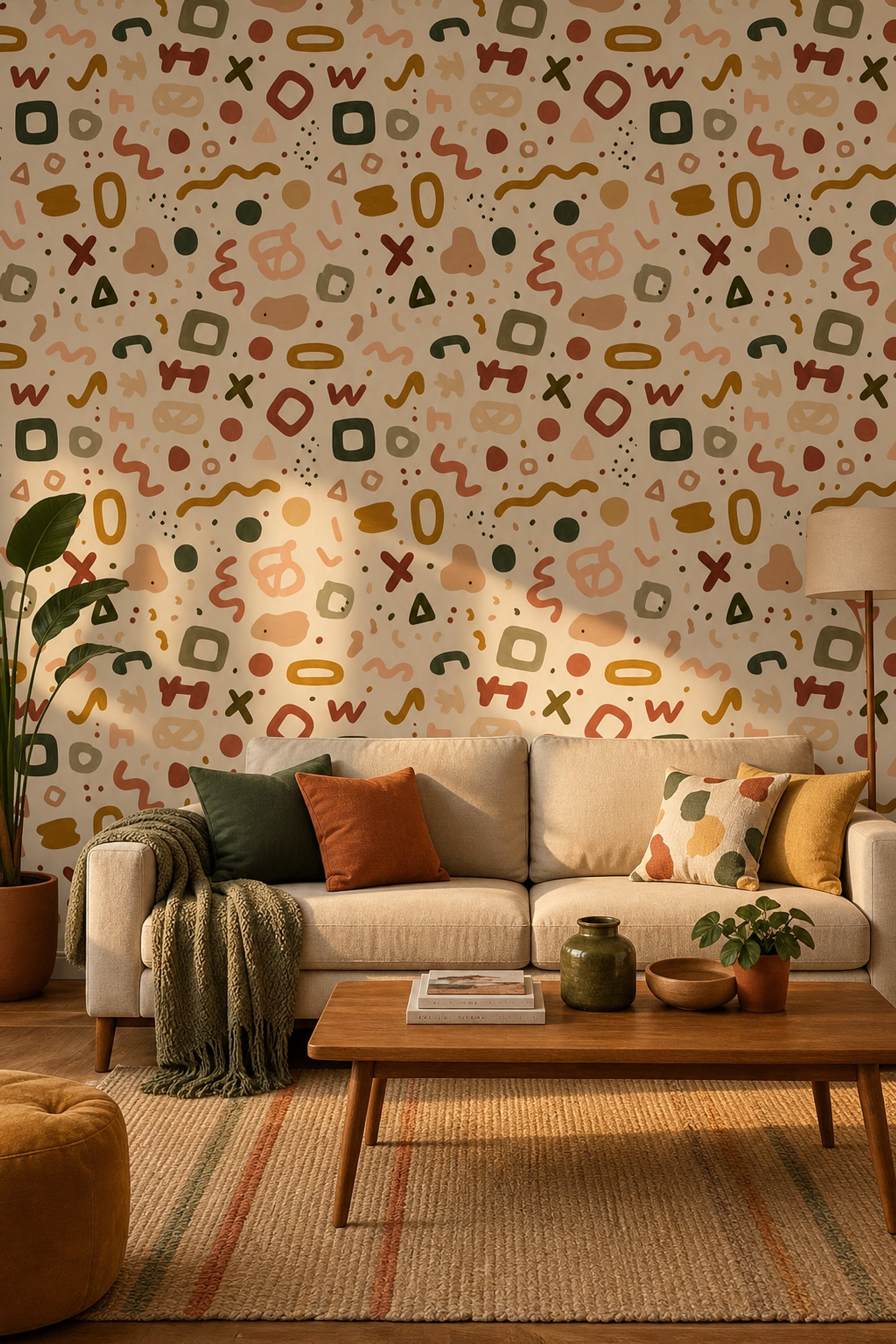 Renkli Geometrik Şekilli Duvar Kağıdı Modern Salon Dekoru