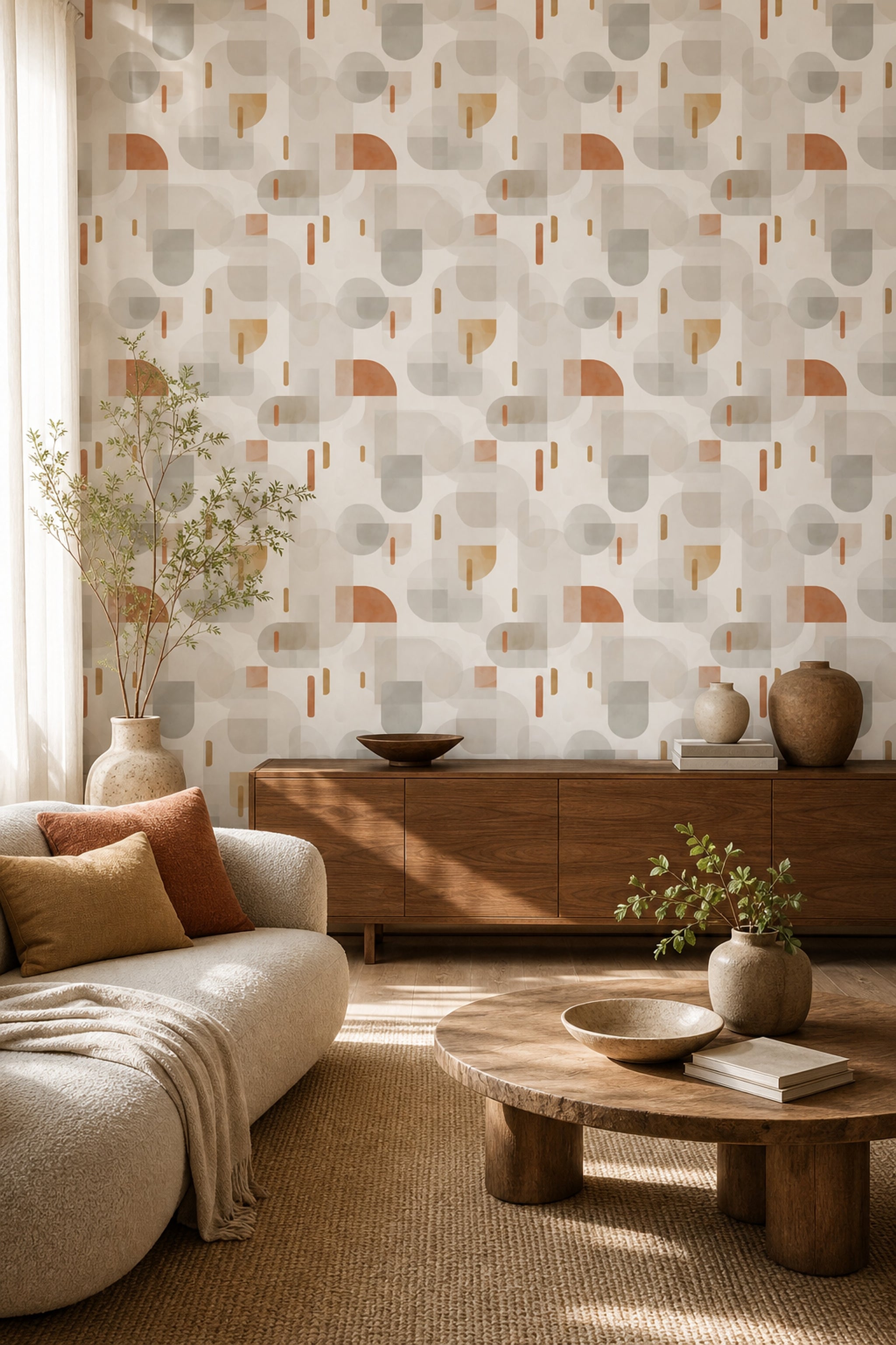 Geometrik Retro Duvar Kağıdı Bej Kiremit Desenli Salon