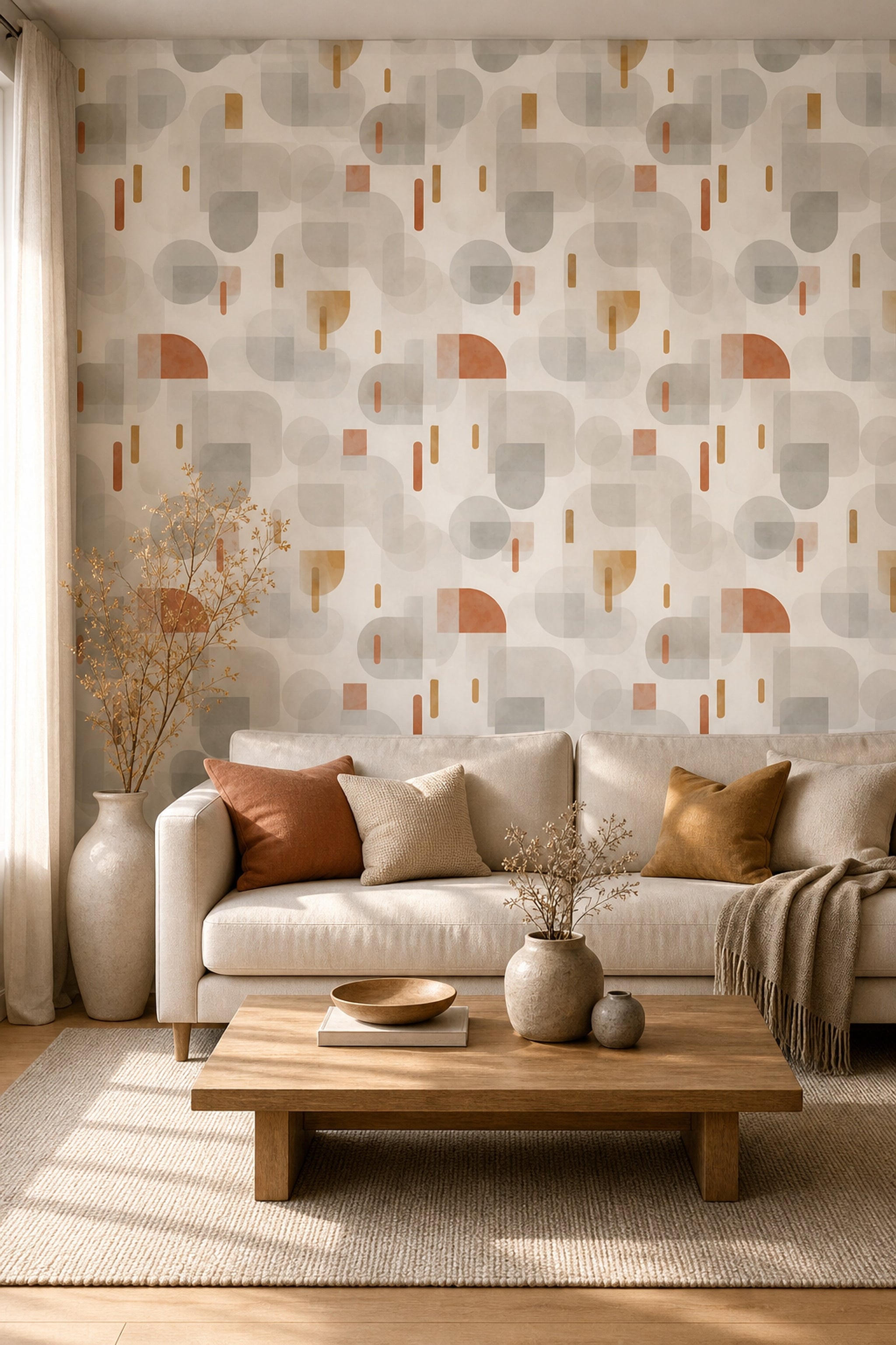 Geometrik Retro Duvar Kağıdı Bej Kiremit Desenli Salon
