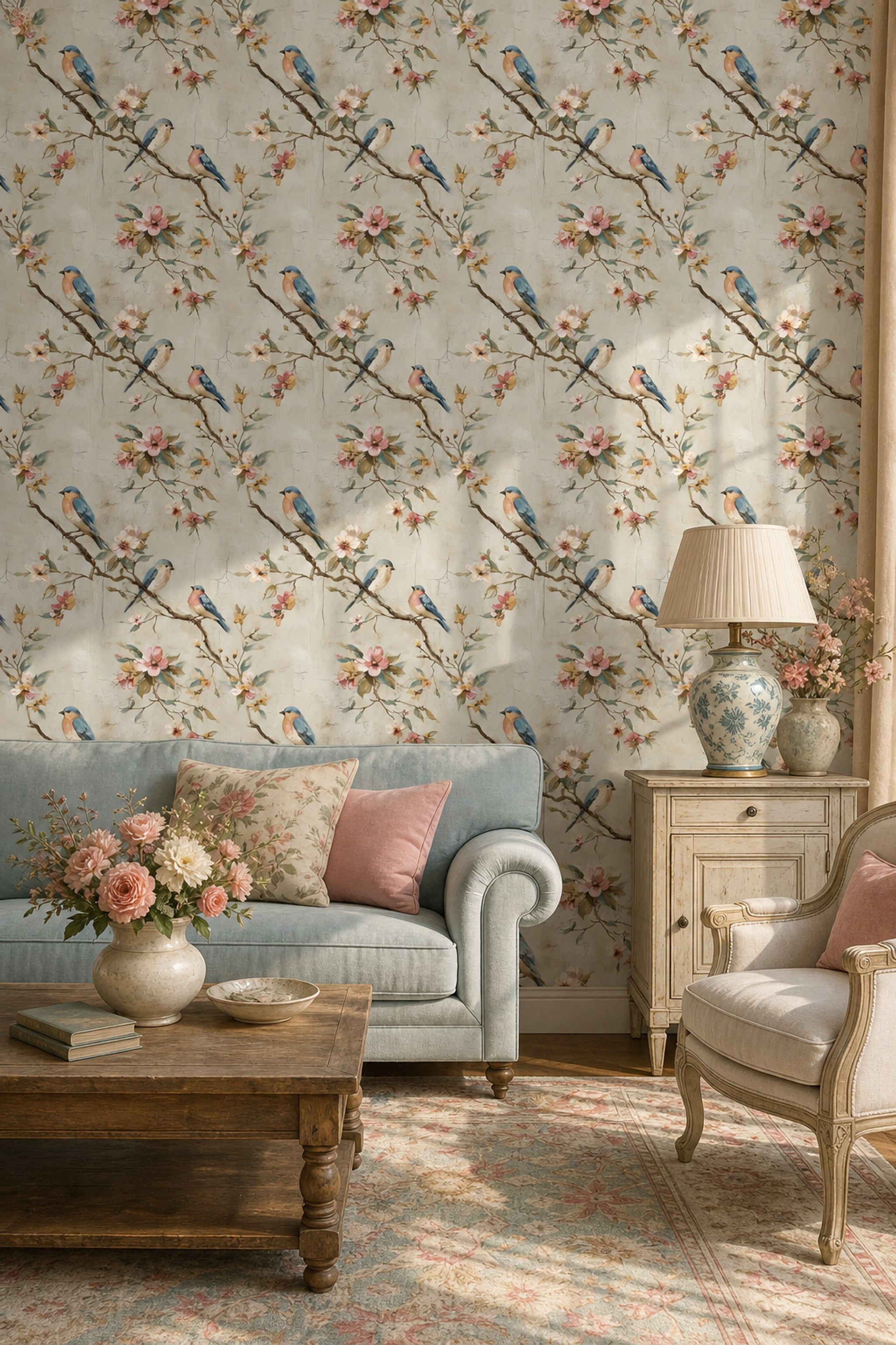 Kuşlu Çiçekli Duvar Kağıdı Krem Desenli Salon