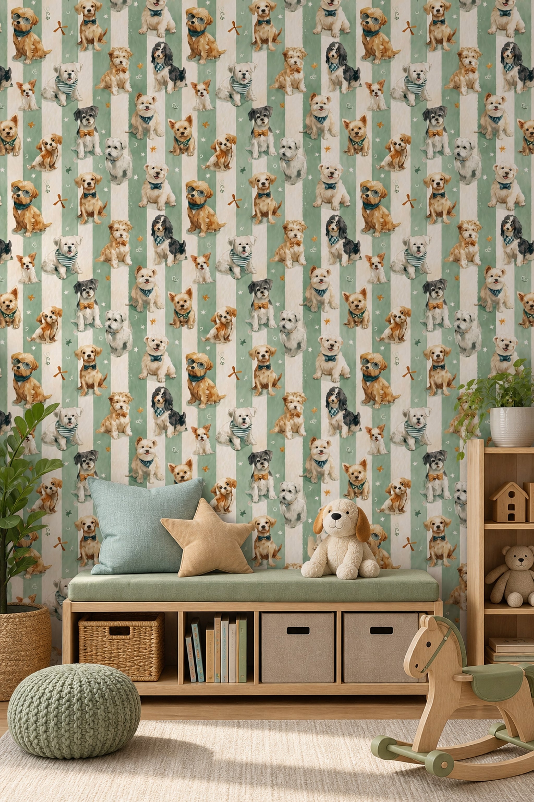 Sevimli Köpek Desenli Duvar Kağıdı Yeşil Çizgili Çocuk Odası