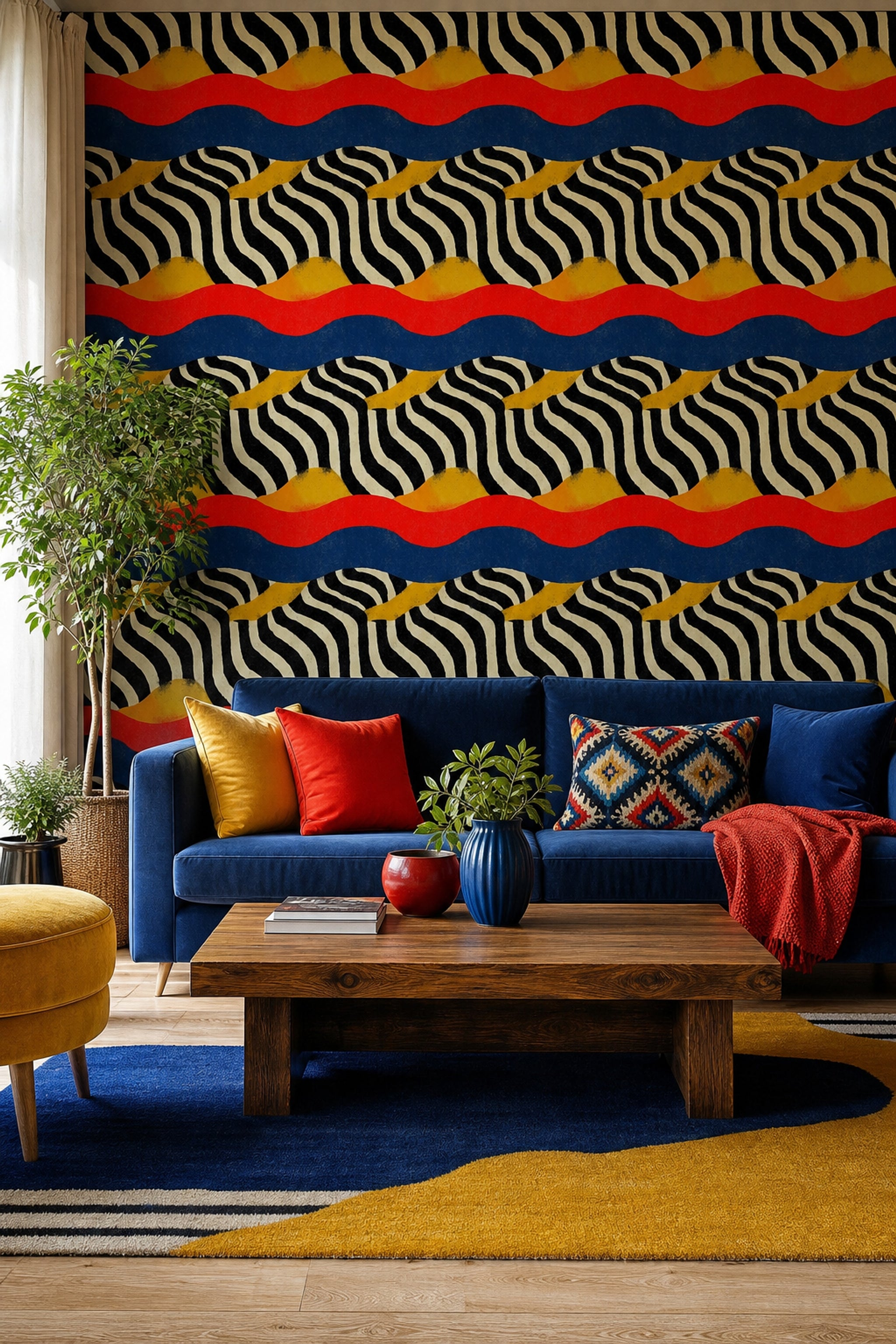 Renkli Dalgalı Geometrik Duvar Kağıdı Modern Salon Dekoru