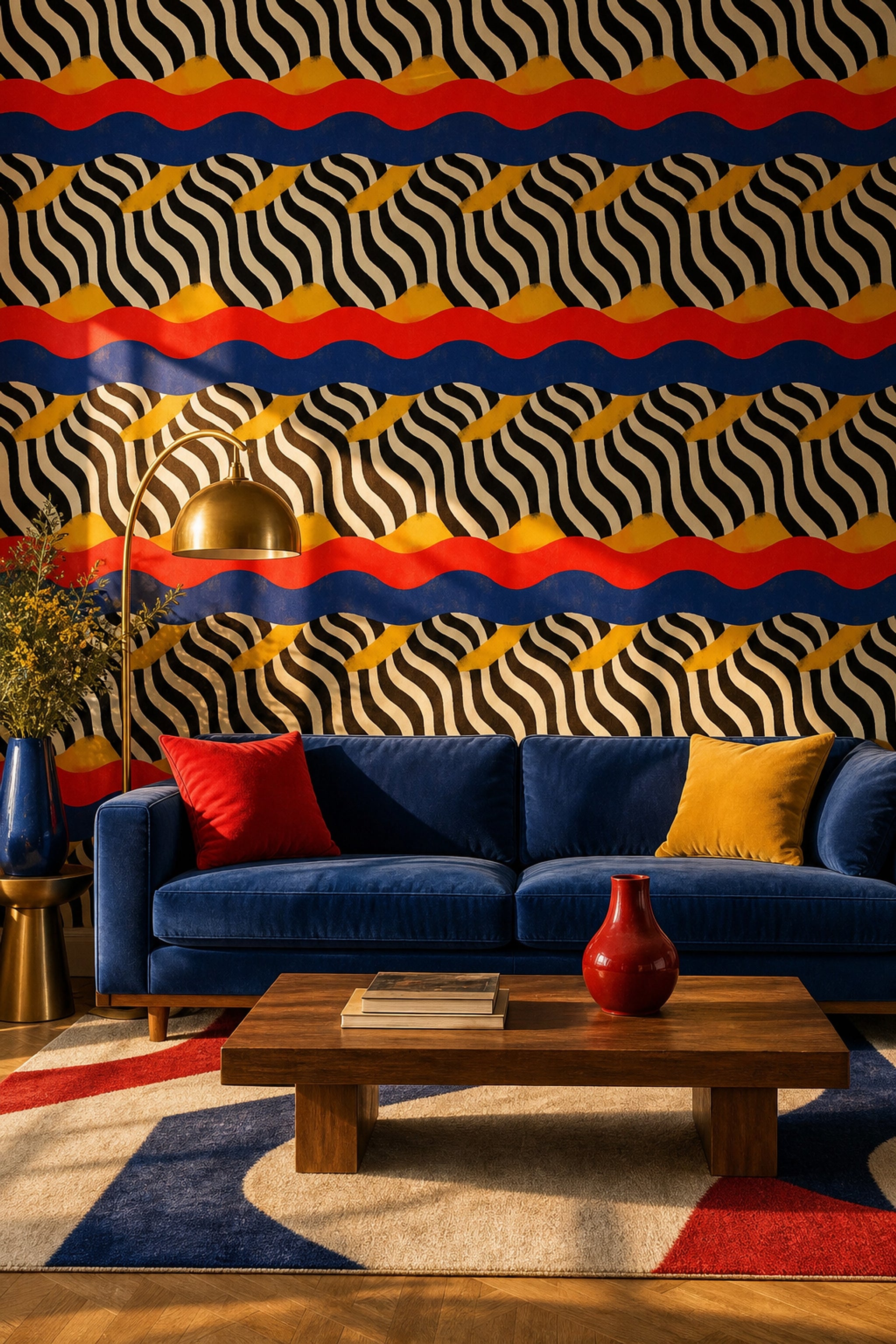 Renkli Dalgalı Geometrik Duvar Kağıdı Modern Salon Dekoru