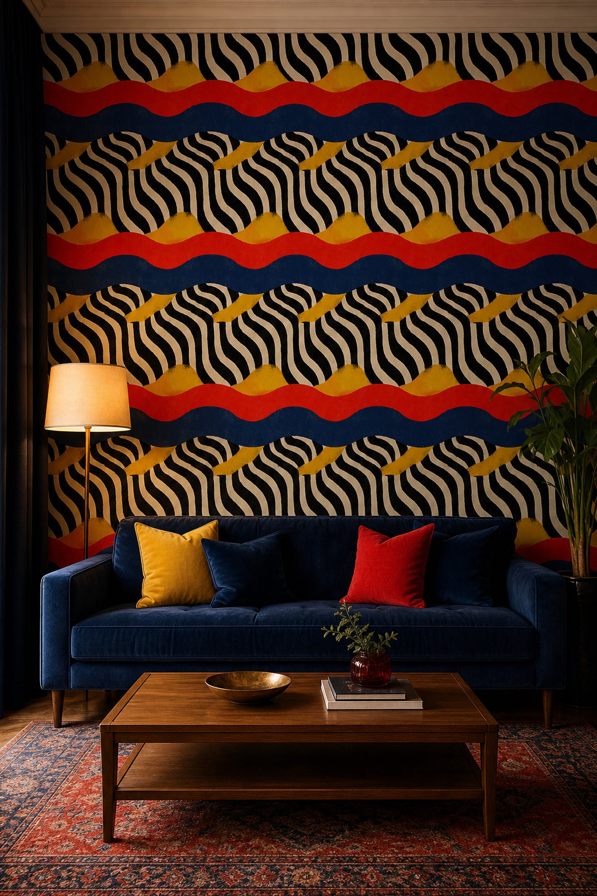 Renkli Dalgalı Geometrik Duvar Kağıdı Modern Salon Dekoru