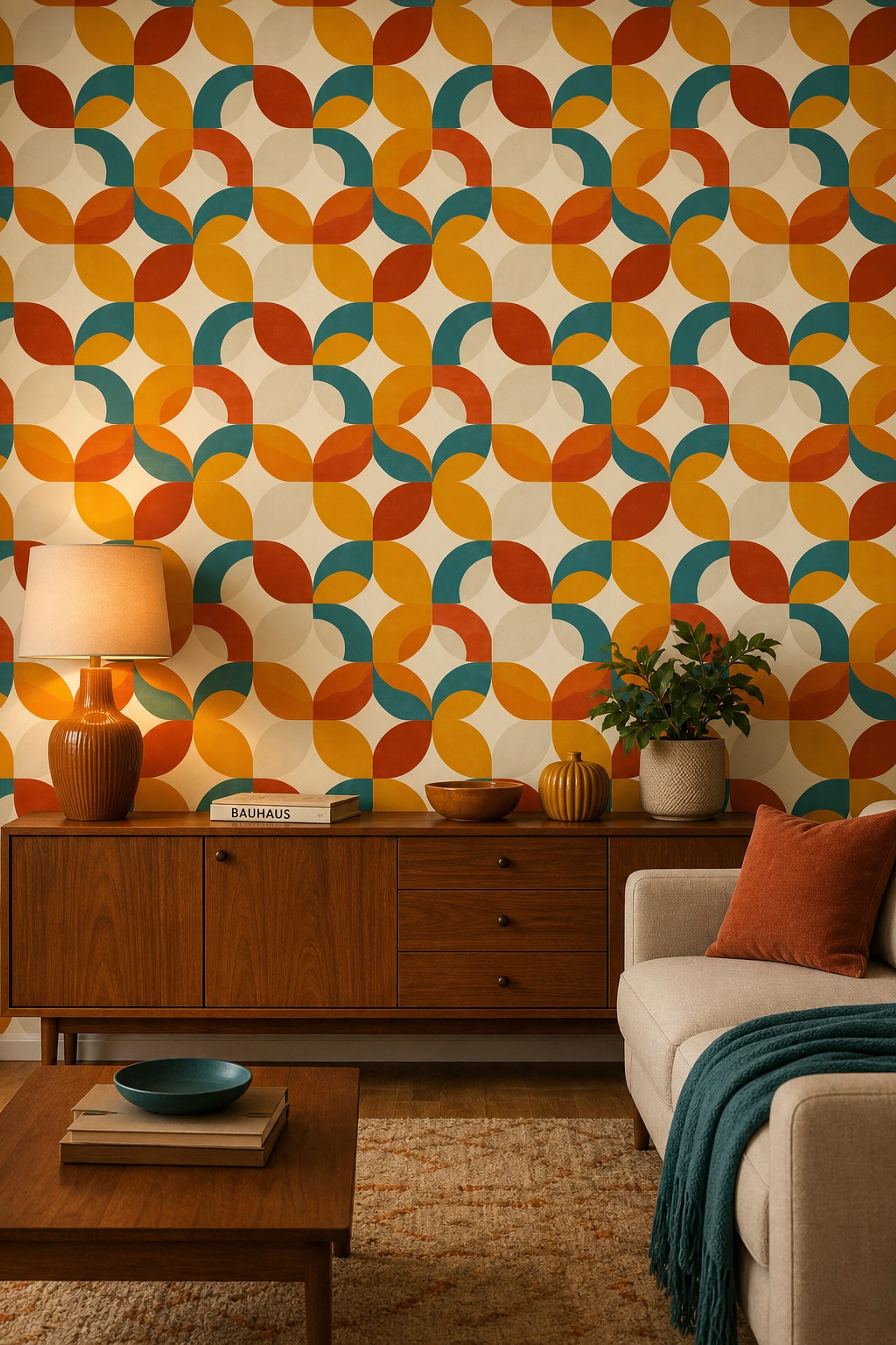 Retro Geometrik Duvar Kağıdı Turuncu Sarı Desenli Salon