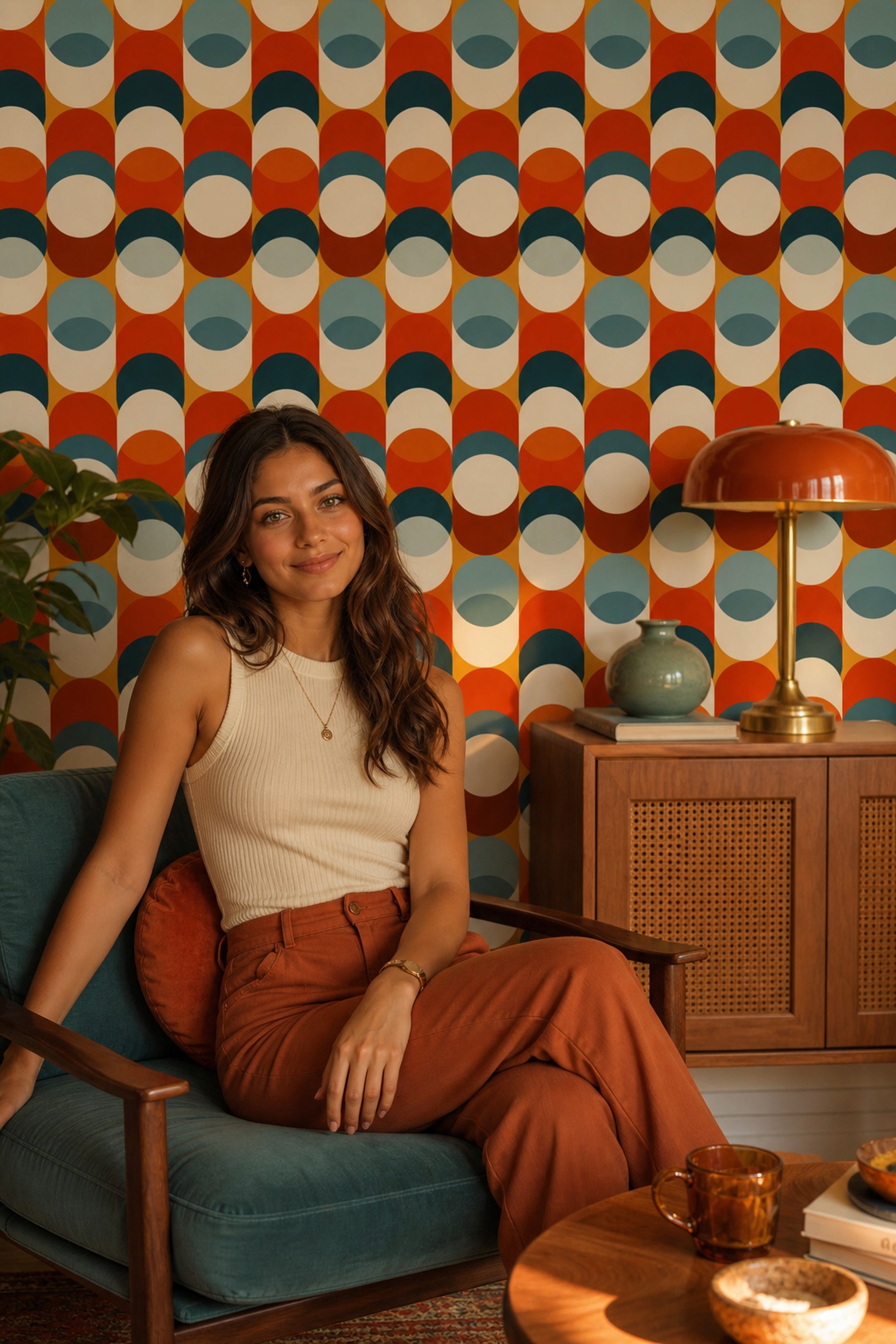 Retro Geometrik Desenli Duvar Kağıdı Turuncu Lacivert Salon