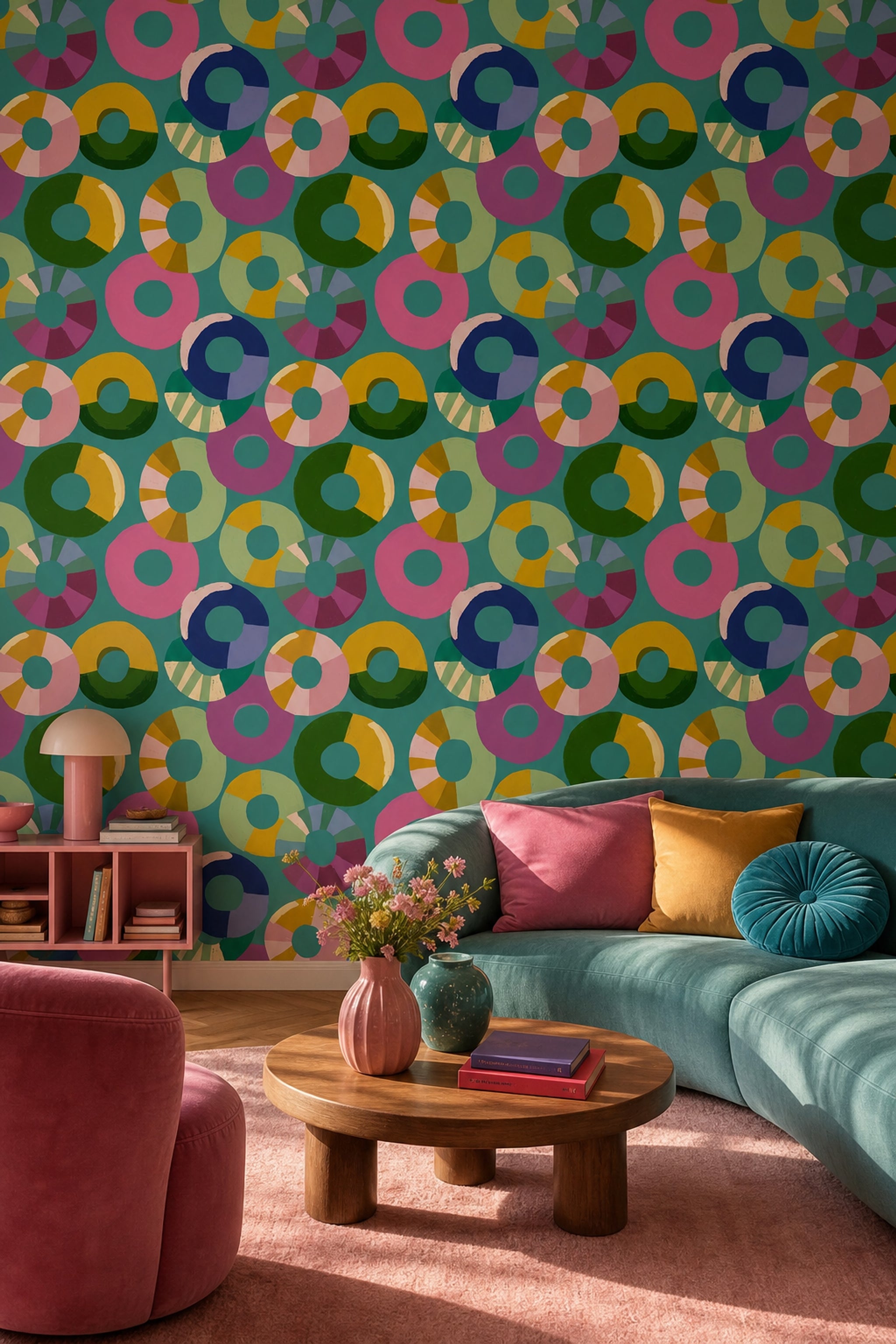 Renkli Daire Desenli Duvar Kağıdı Modern Salon Dekoru